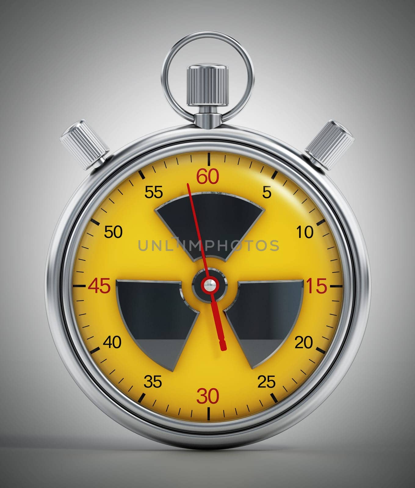 Chronometer with radiation icon. Nuclear war countdown concept. 3D illustration.