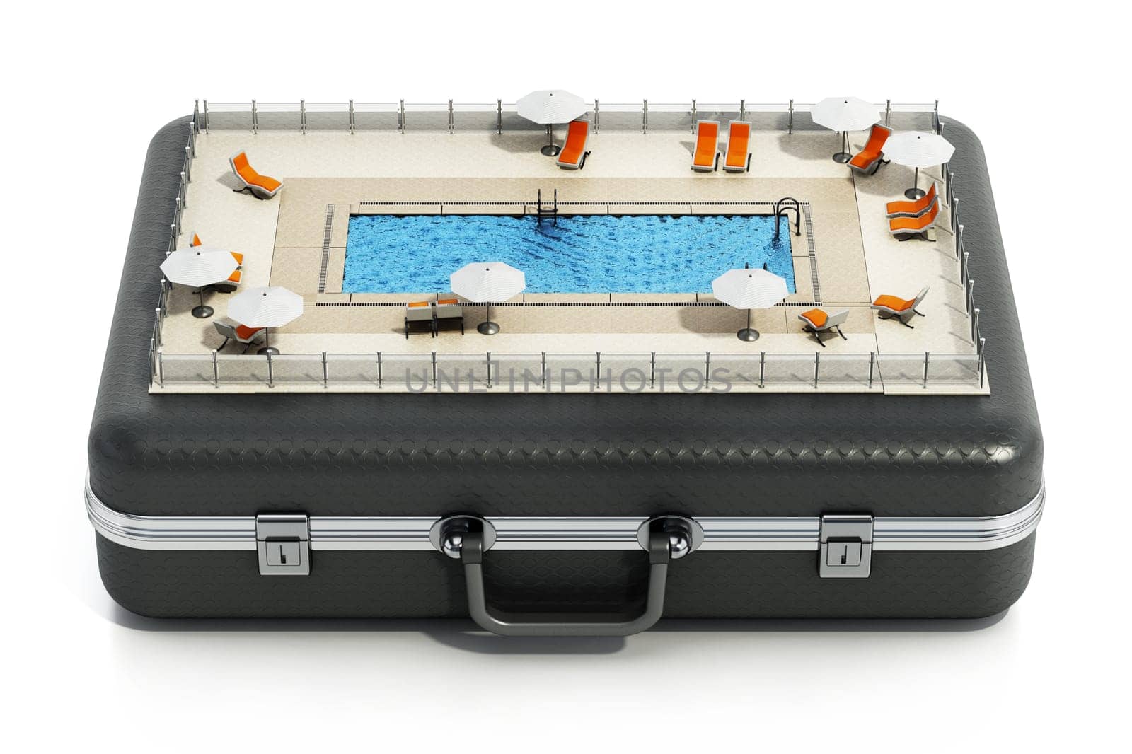 Swimming pool, sunbeds and parasols on the suitcase. 3D illustration.