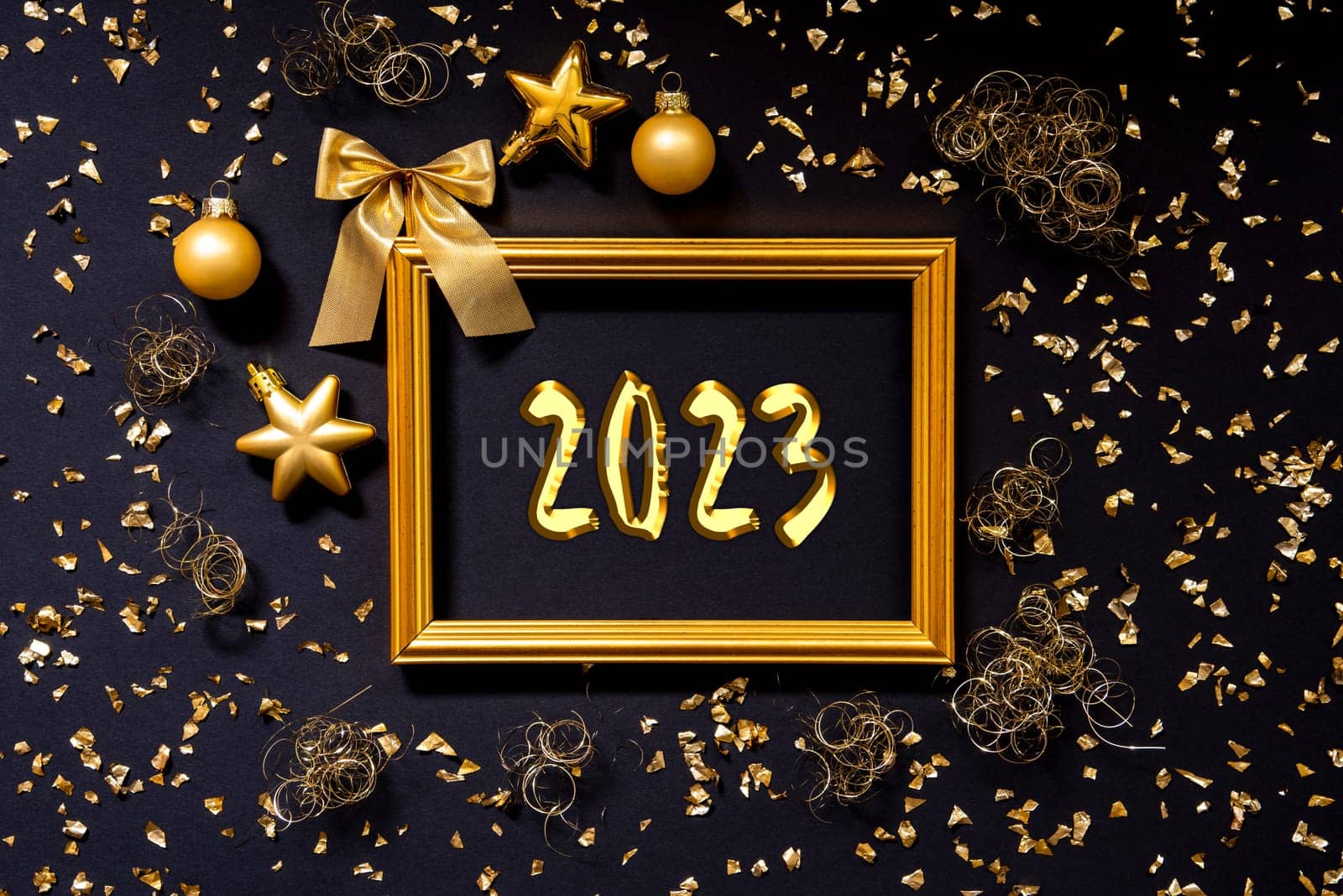 Frame With Text 2023. Golden Christmas Decoration And Ornament Like Ball And Bow. Black Background With Glitter And Sparkle