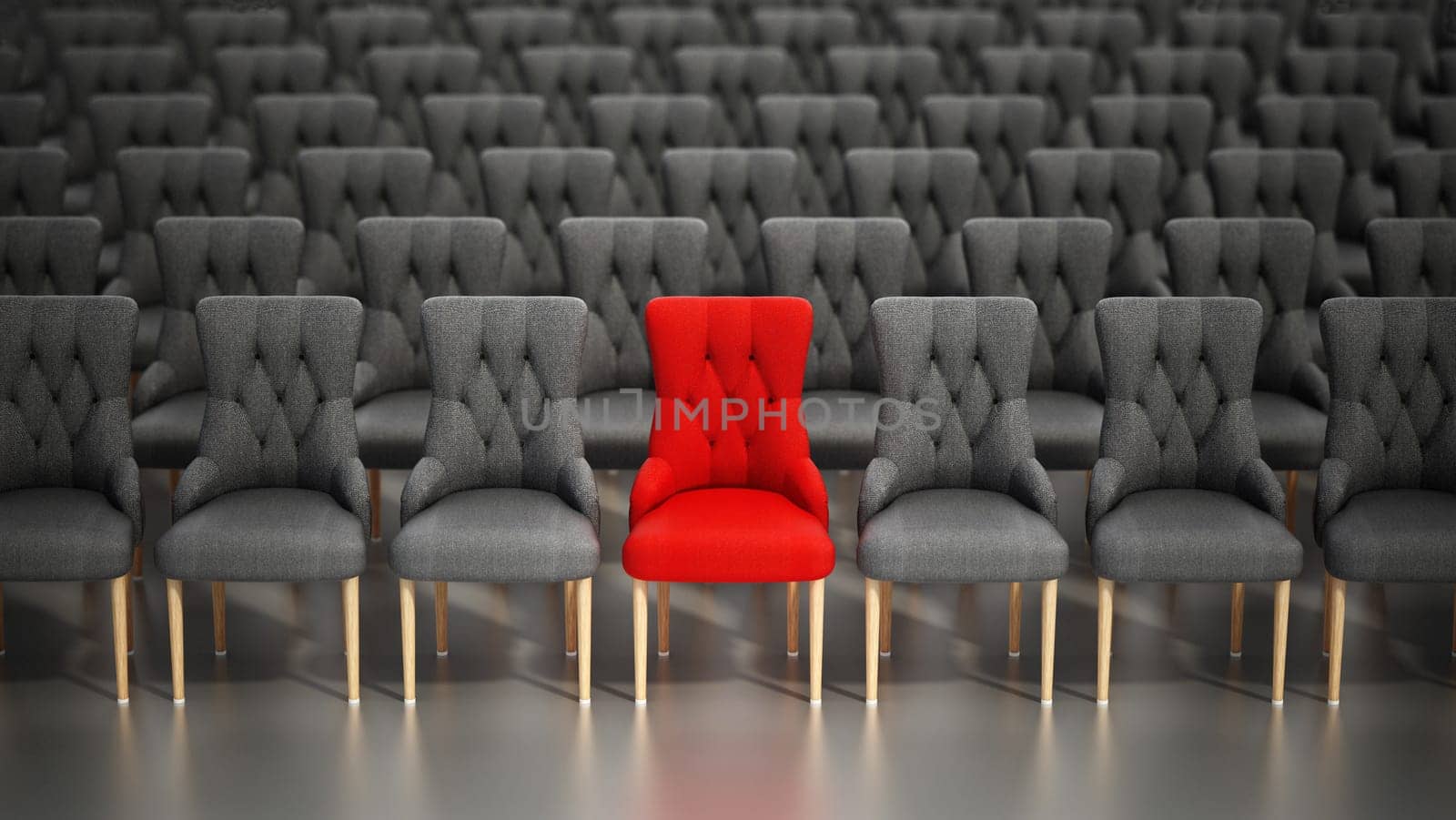 Red chair stands out among rows of gray fabric chairs. 3D illustration.