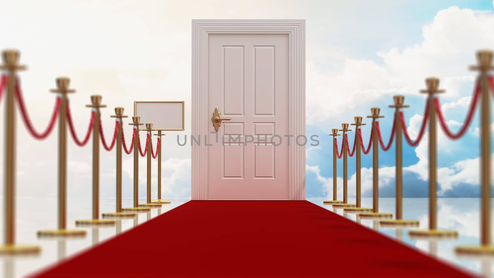 Red carpet and rope barriers leading to the door with blue sky and clouds background. 3D illustration.