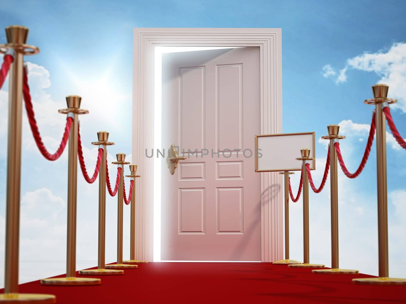 Red carpet and rope barriers leading to the door with blue sky and clouds background. 3D illustration.