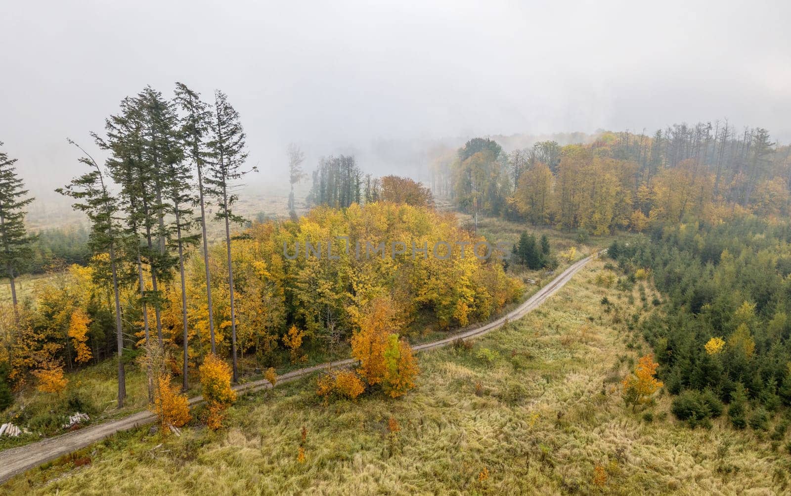 Aerial view of autumn sunrise countryside, traditional fall landscape with rising sun in Central Europe. Foggy and misty sunrise. Frozen landscape from bird eye. Czech Republic,Vysocina highland