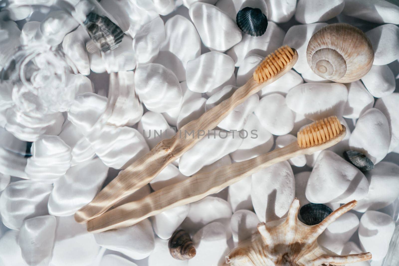 Two eco bamboo toothbrushes with natural bristles in transparent fresh water with flecks and waves on bottom of white stones and shells. Waste-free ecological consumption. Top view