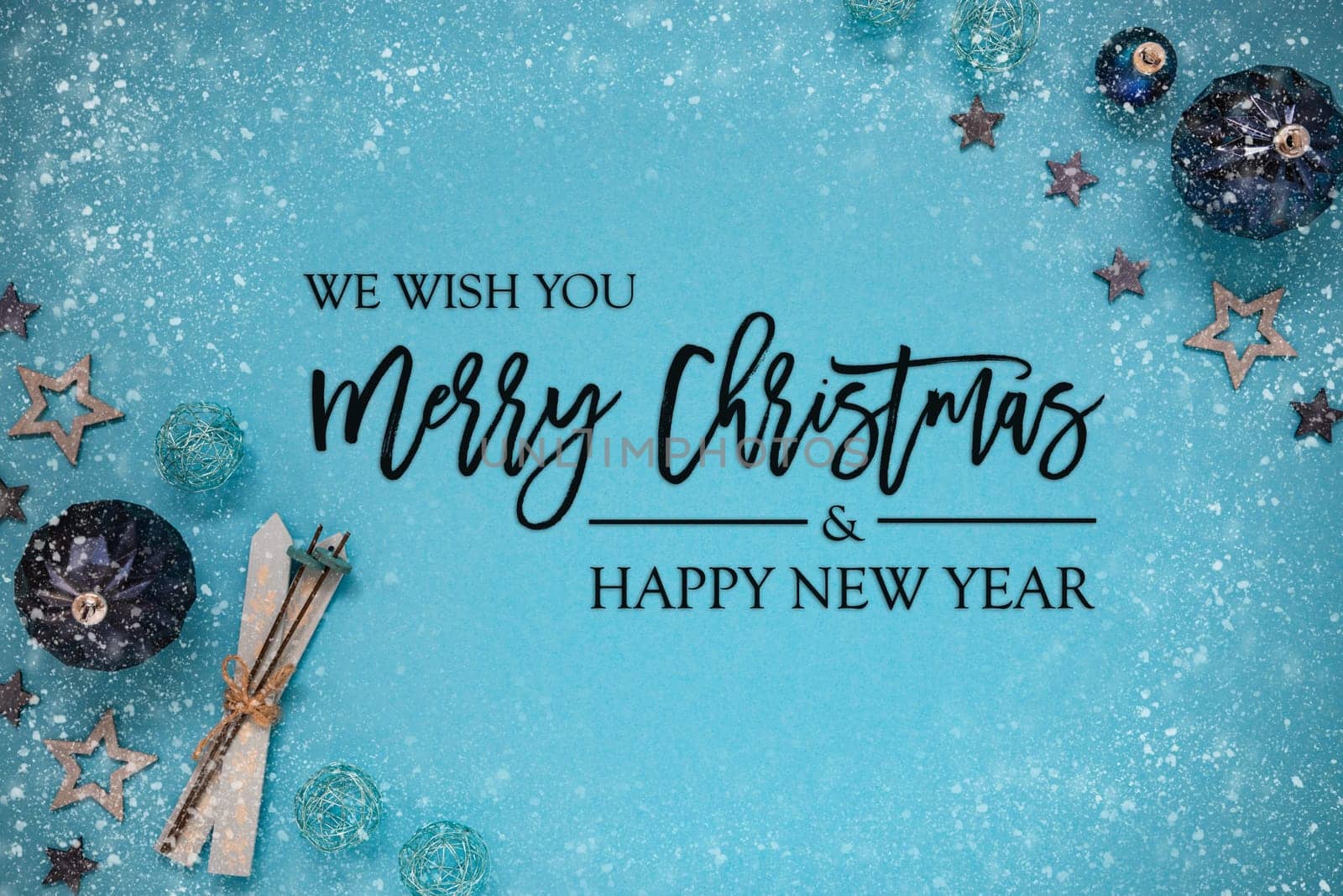 Christmas Card With English Text Merry Christmas And Happy New Year. Turquoise Christmas Background With Decoration Like Balls, Stars, Ski And Snowflakes.