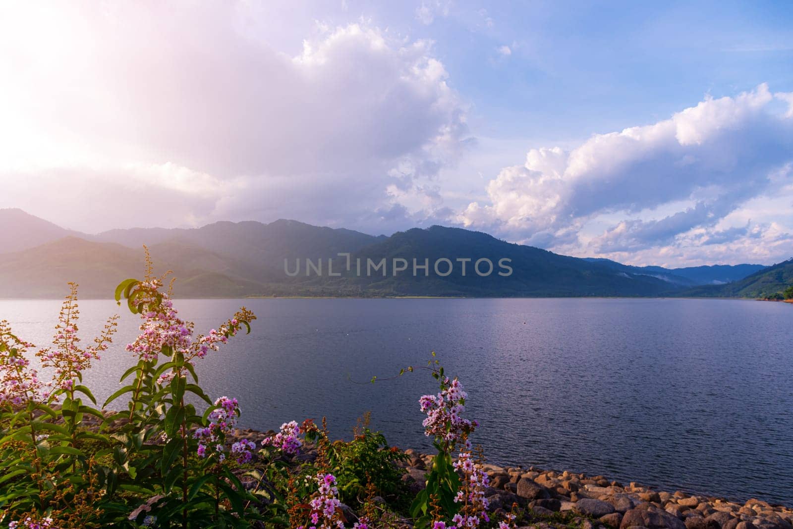 View of landscape nature and river and mountain in evening light
