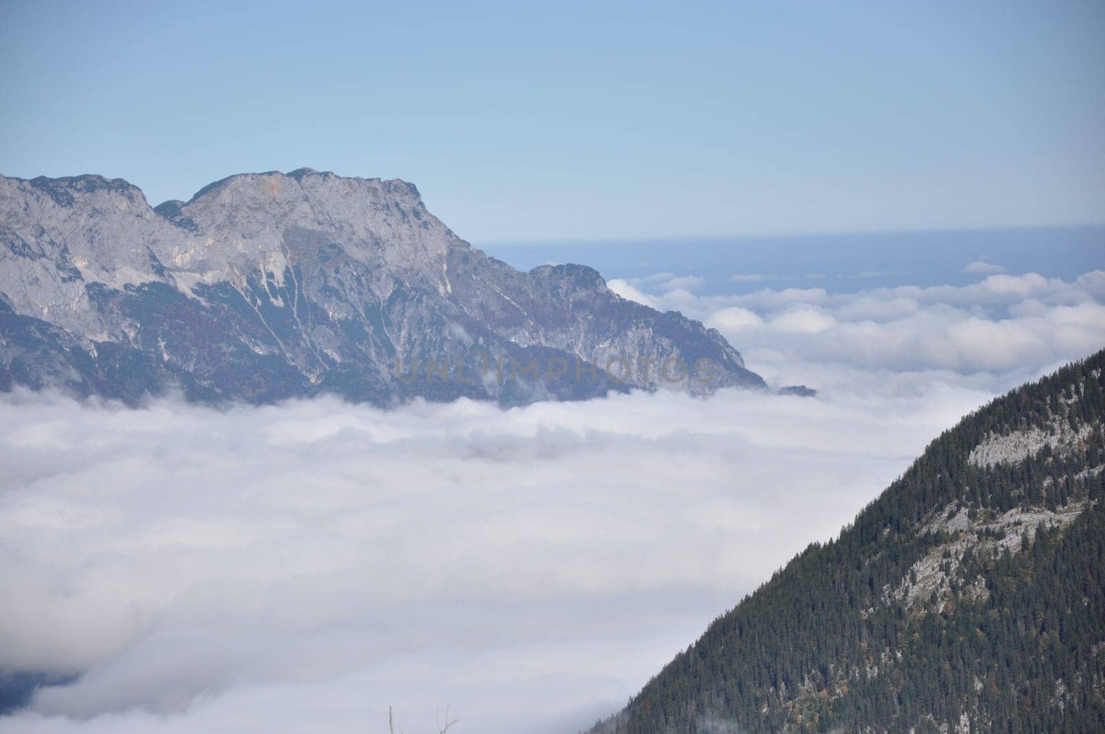 Mountains in Berchtesgadener Land, Alps in Bavaria, submerged in clouds