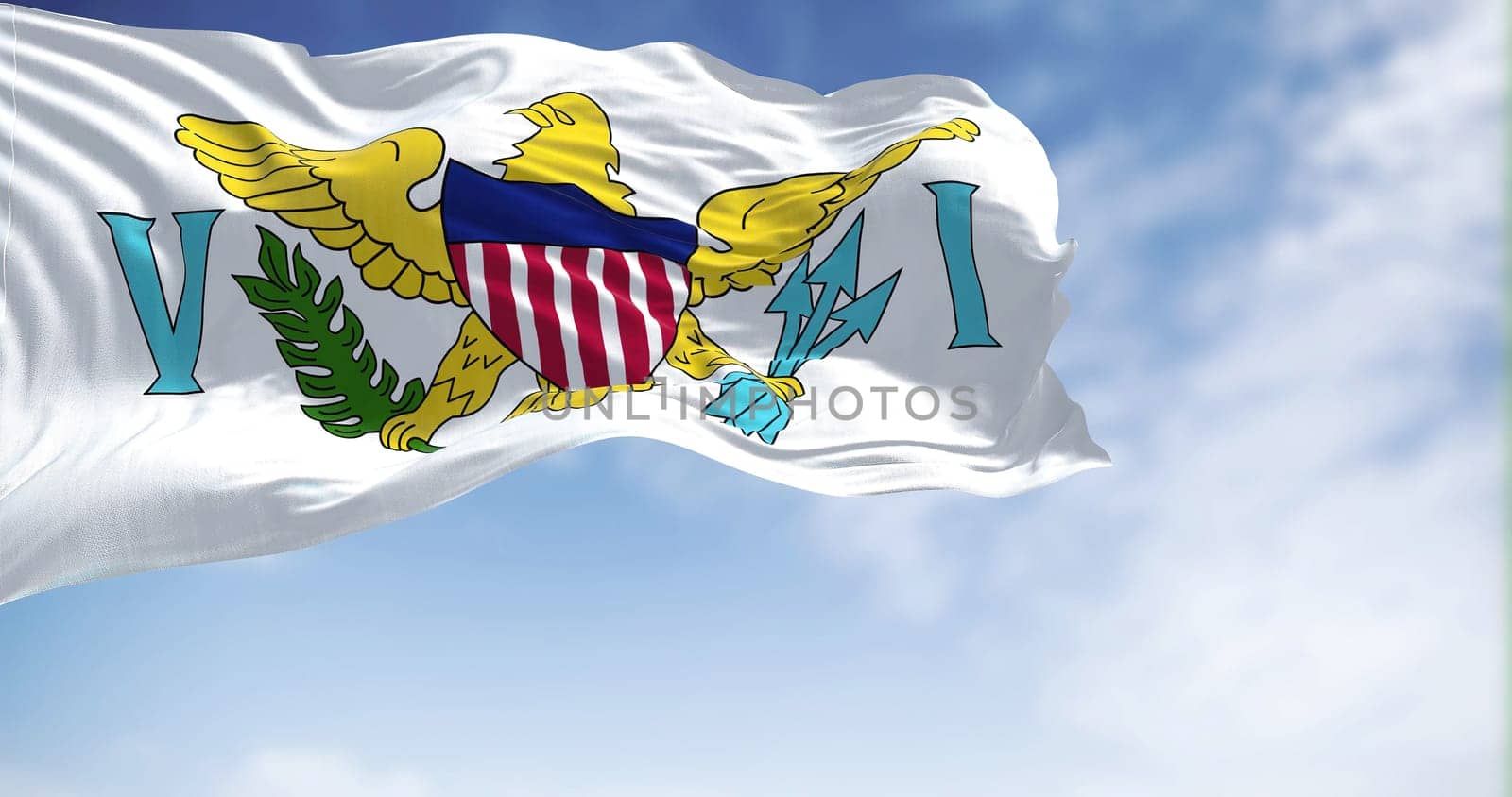 Flag of United States Virgin Islands waving on a clear day. The Virgin Islands of the US, are an unincorporated and organized territory of the US. Seamless loop in slow motion