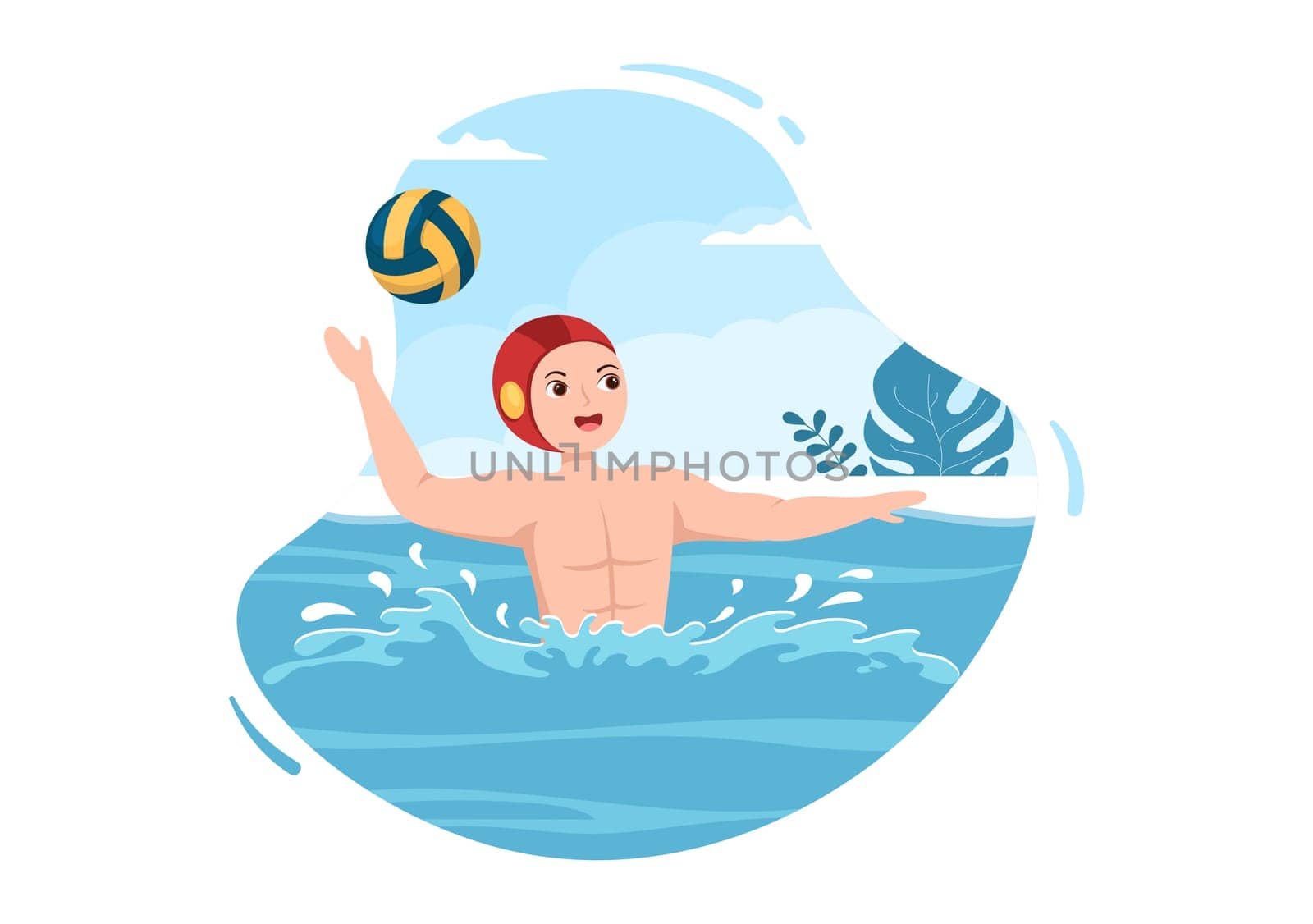 Water Polo Sport Player Playing to Throw the Ball on the Opponent's Goal in the Swimming Pool in Flat Cartoon Hand Drawn Templates Illustration