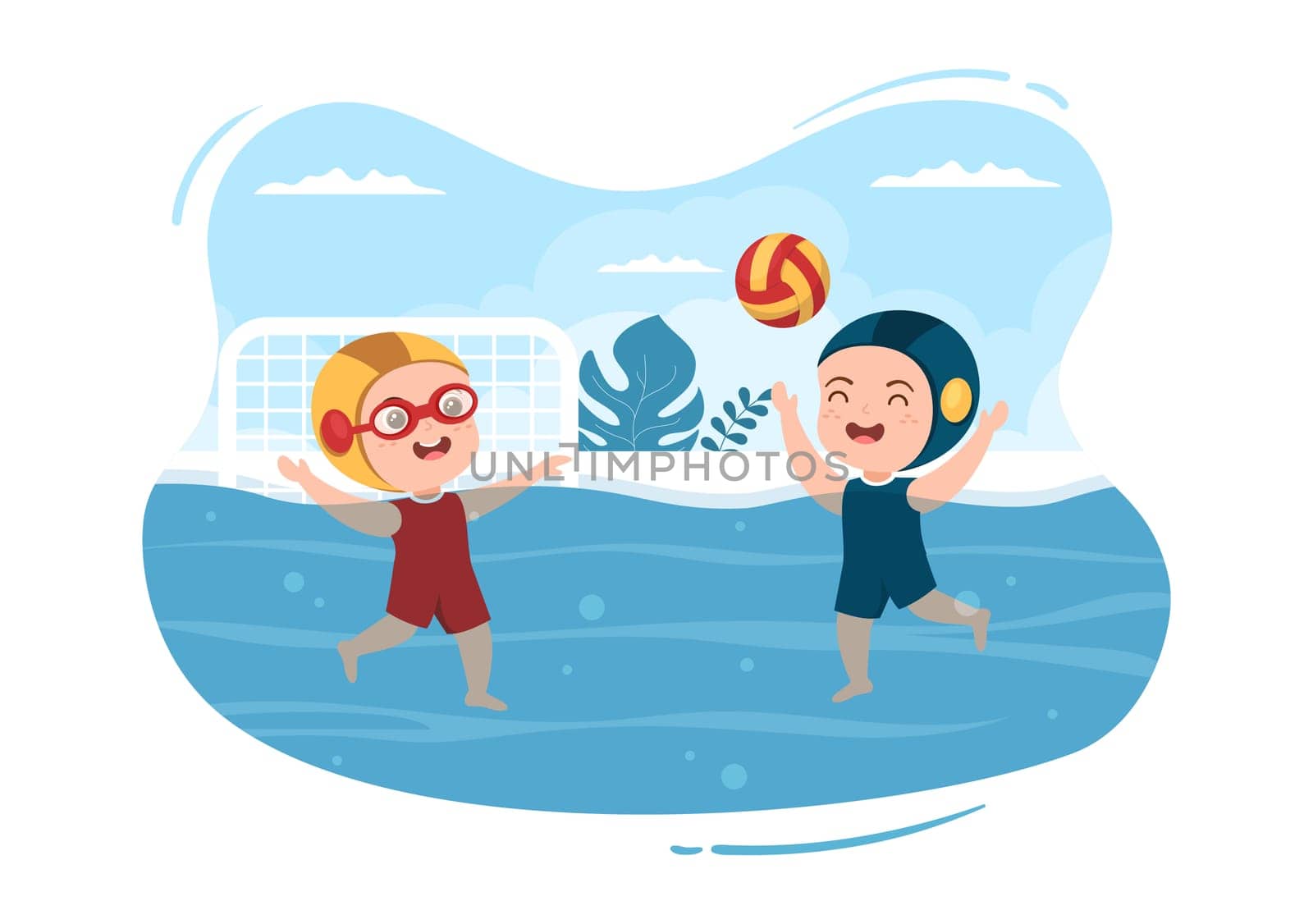 Water Polo Sport Player Playing to Throw the Ball on the Opponent's Goal in the Swimming Pool in Flat Cartoon Hand Drawn Templates Illustration