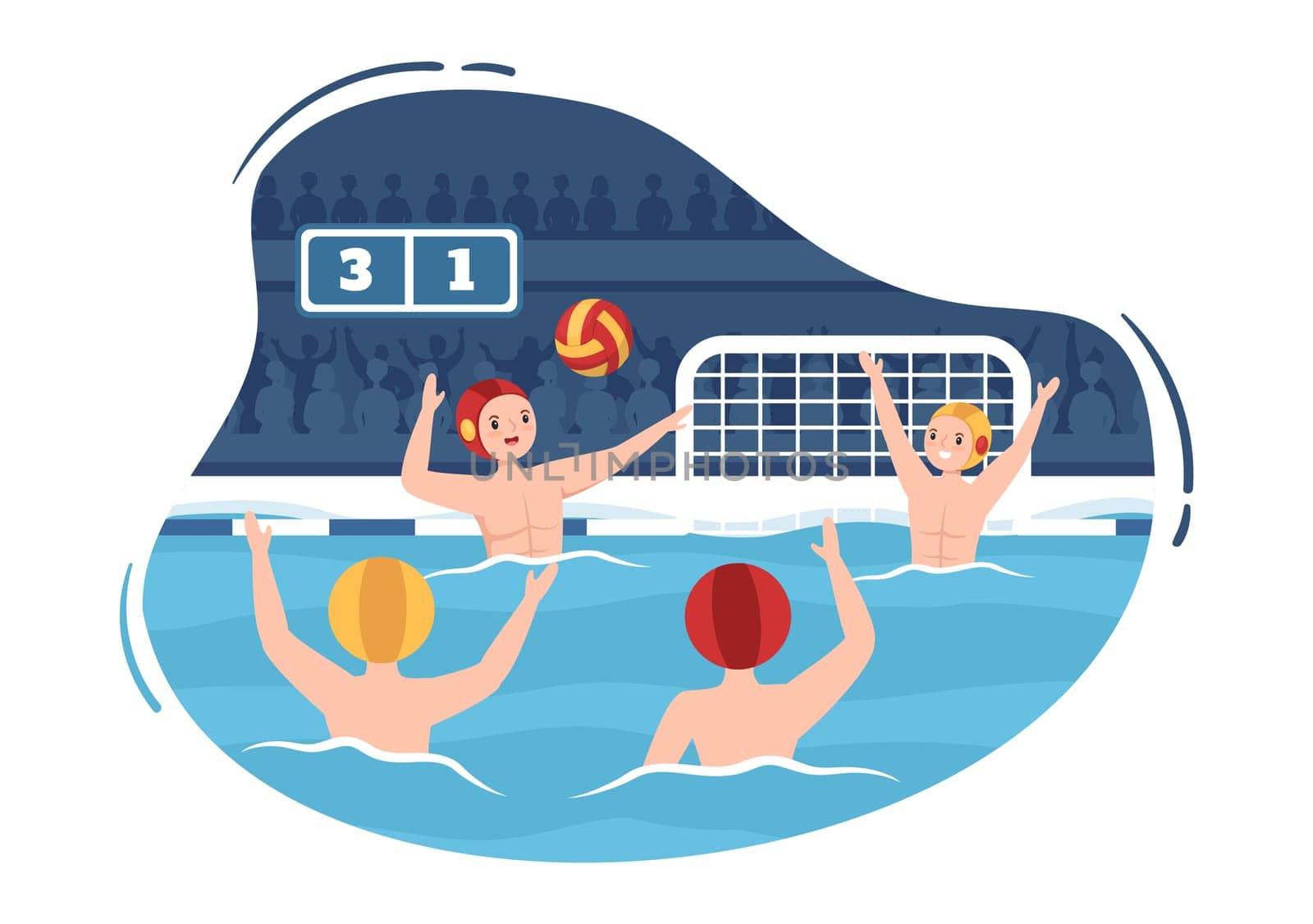 Water Polo Sport Player Playing to Throw the Ball on the Opponent's Goal in the Swimming Pool in Flat Cartoon Hand Drawn Templates Illustration