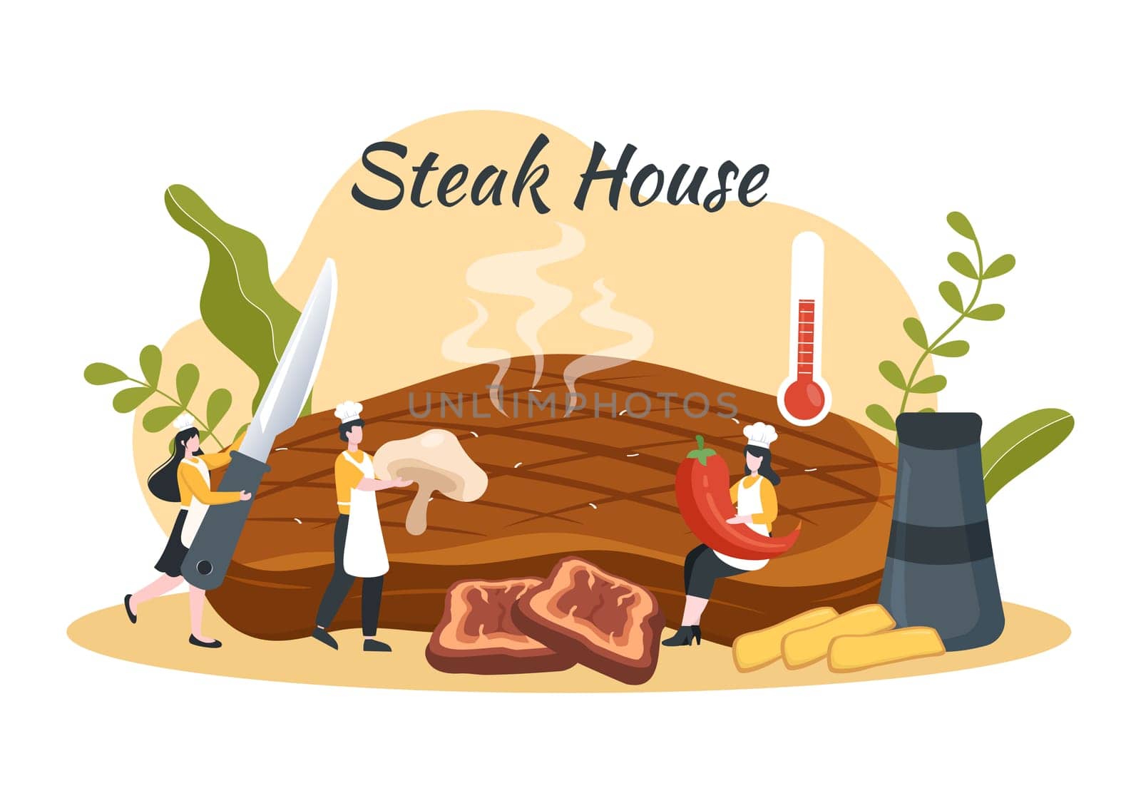 Steakhouse of Grilled Meat with Juicy Delicious Steak, Salad and Tomatoes for Barbecue in Flat Cartoon Hand Drawn Template Illustration