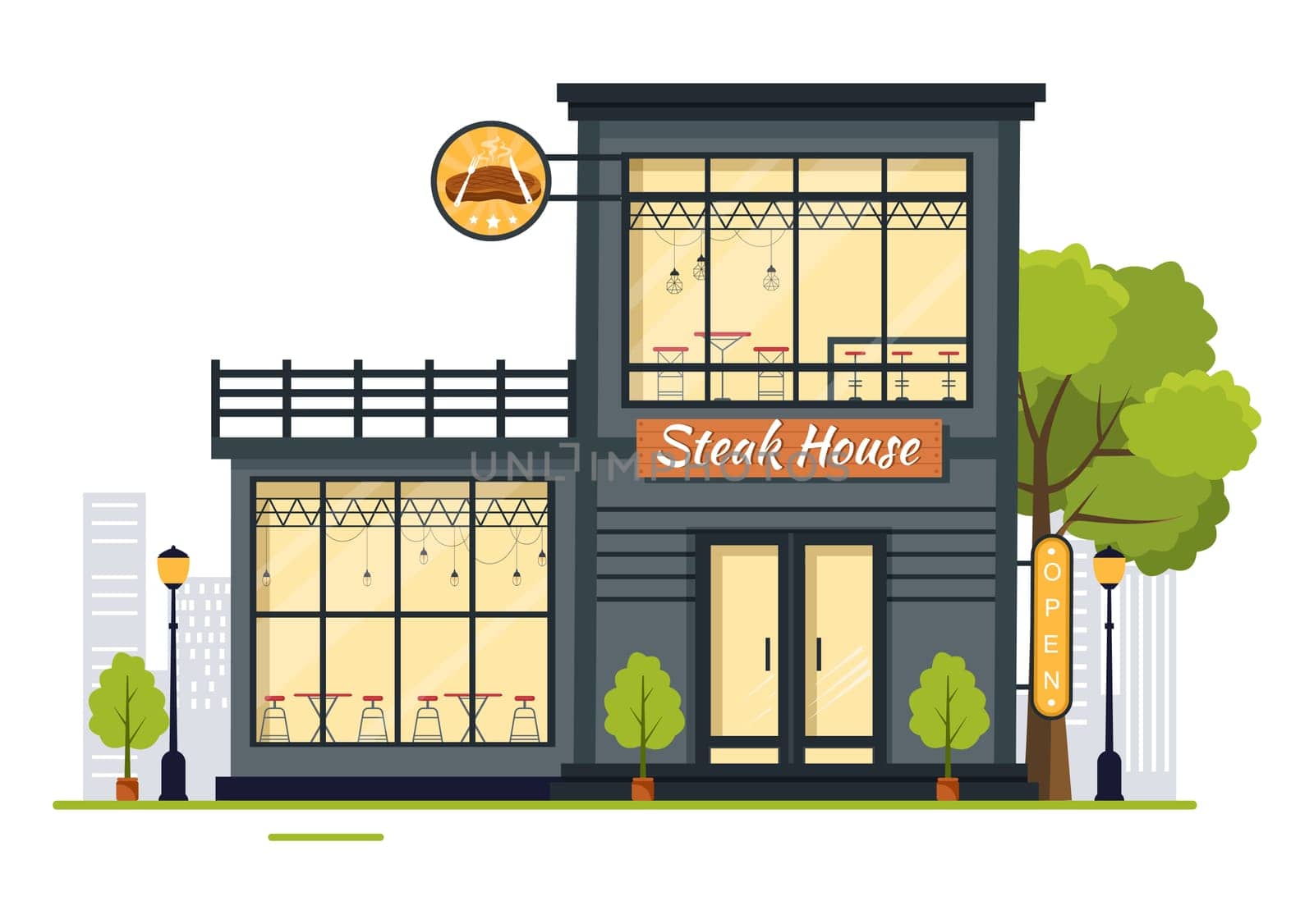 Steakhouse of Grilled Meat with Juicy Delicious Steak, Salad and Tomatoes for Barbecue in Flat Cartoon Hand Drawn Template Illustration