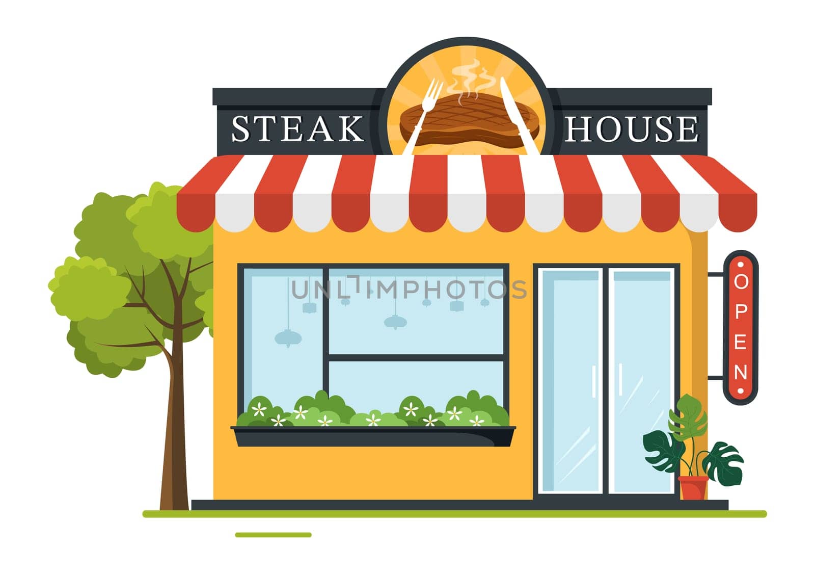 Steakhouse of Grilled Meat with Juicy Delicious Steak, Salad and Tomatoes for Barbecue in Flat Cartoon Hand Drawn Template Illustration