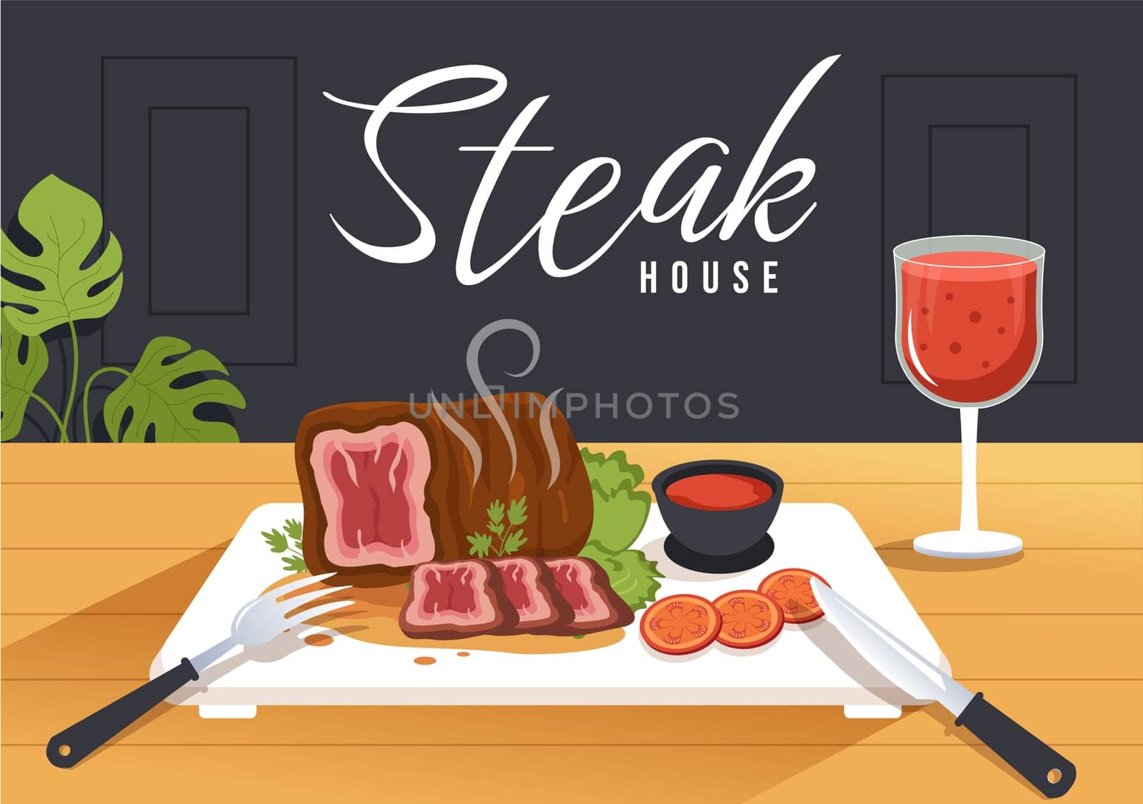 Steakhouse of Grilled Meat with Juicy Delicious Steak, Salad and Tomatoes for Barbecue in Flat Cartoon Hand Drawn Template Illustration