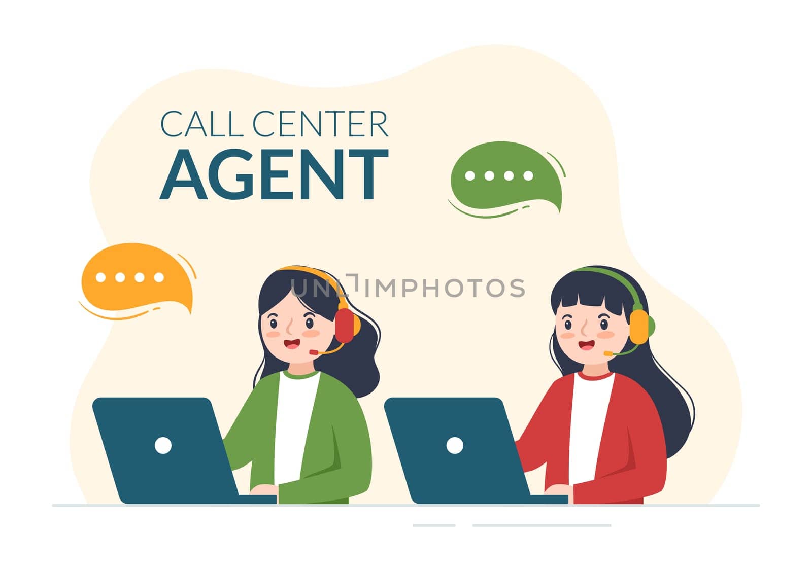 Call Center Agent of Customer Service or Hotline Operator with Headsets and Computers in Flat Cartoon Hand Drawn Templates Illustration