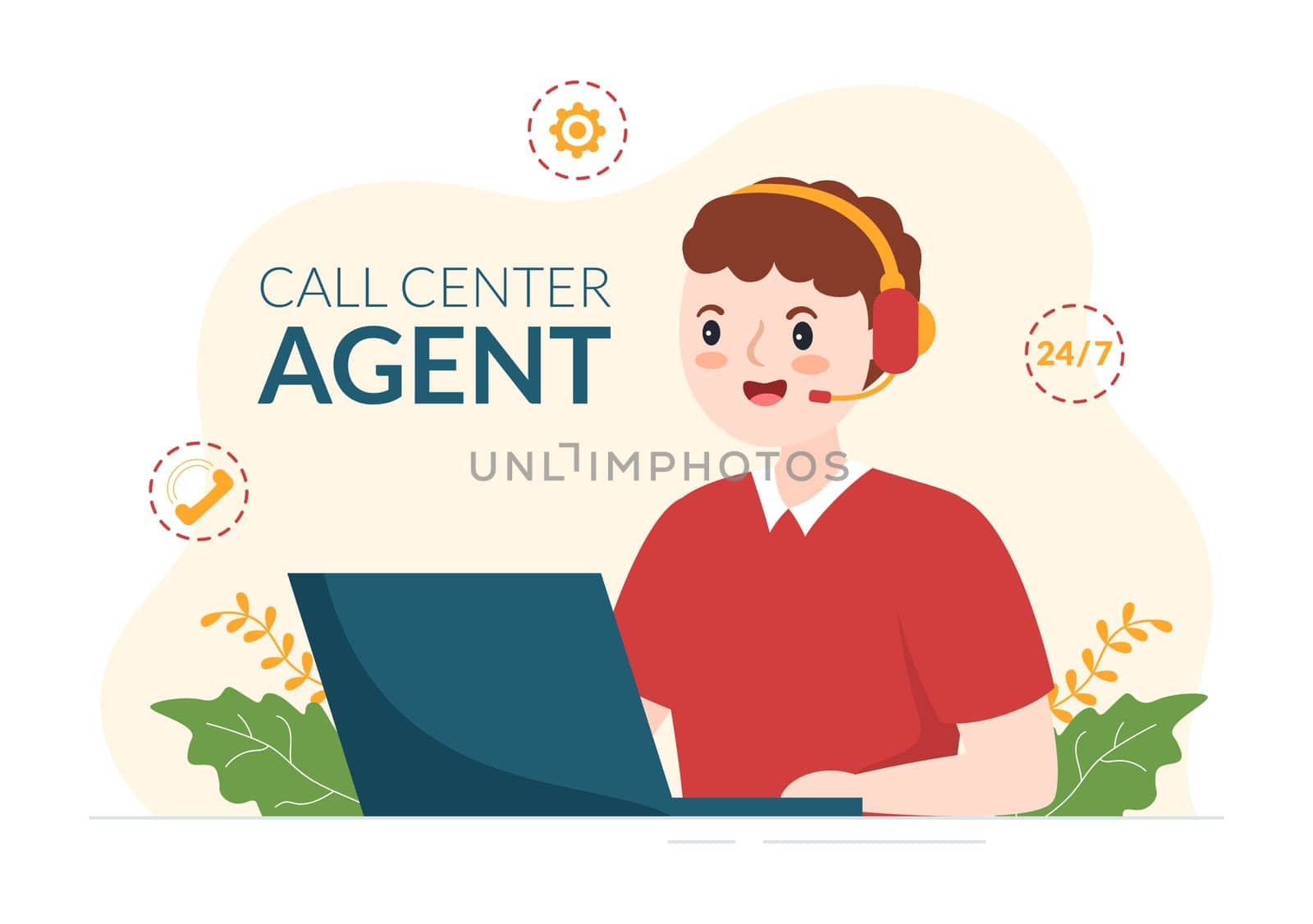 Call Center Agent of Customer Service or Hotline Operator with Headsets and Computers in Flat Cartoon Hand Drawn Templates Illustration