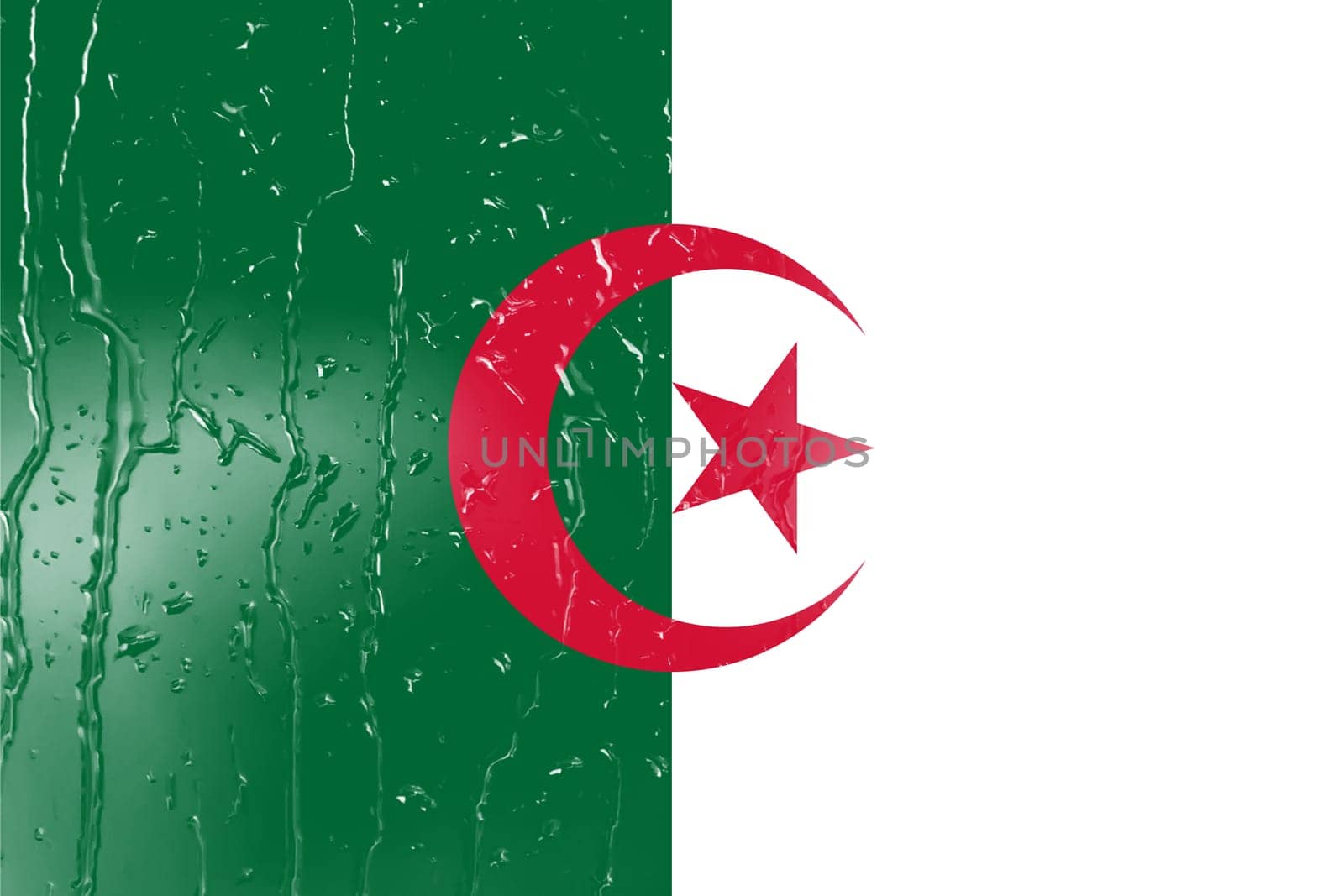 3D Flag of Algeria on a glass with water drop background.