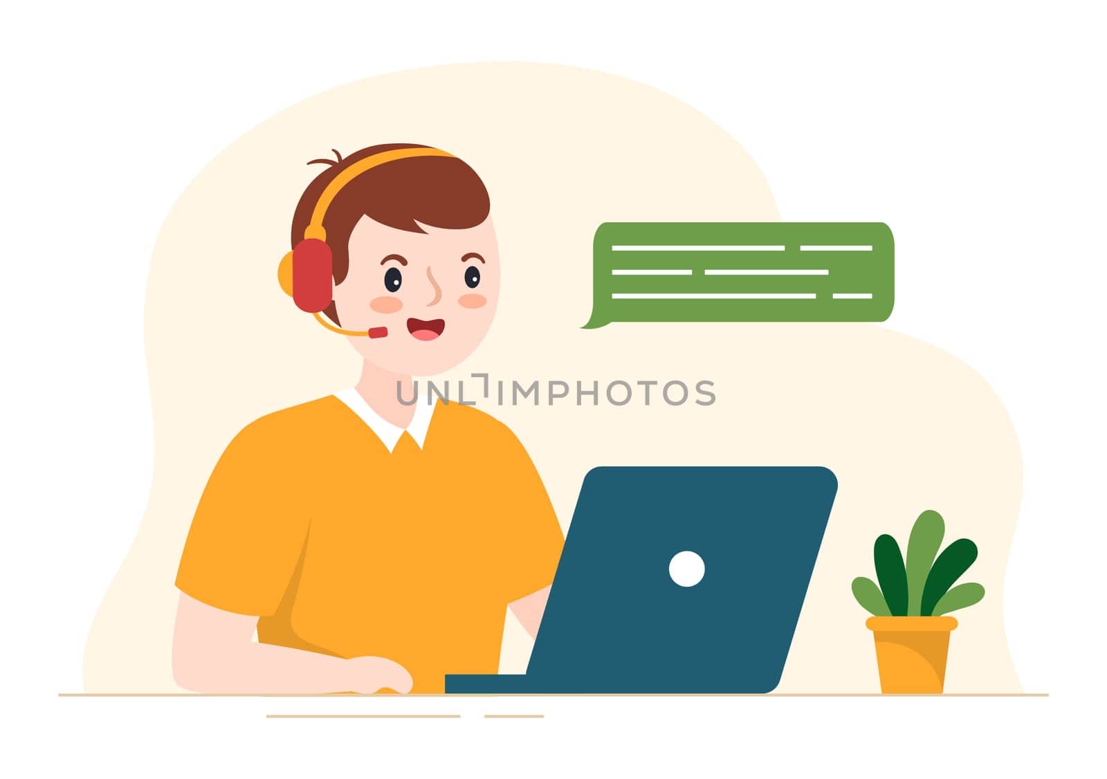 Call Center Agent of Customer Service or Hotline Operator with Headsets and Computers in Flat Cartoon Hand Drawn Templates Illustration