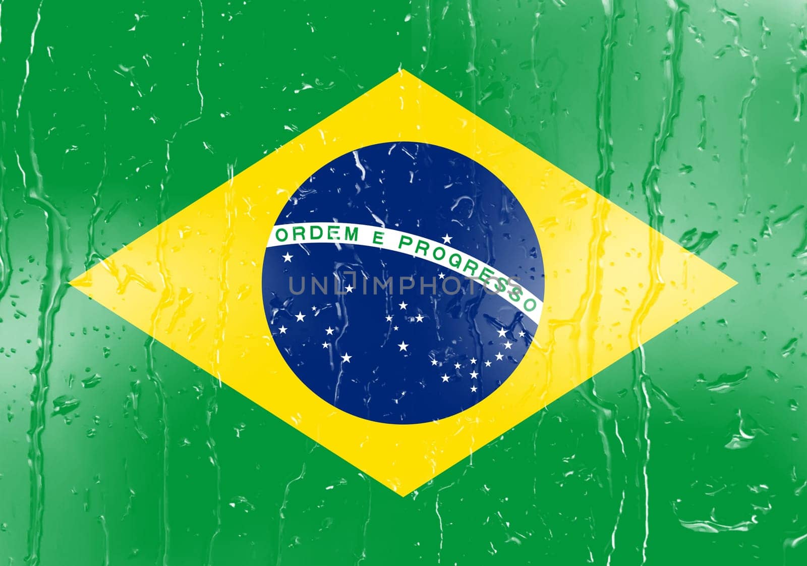 3D Flag of Brazil on a glass with water drop background.