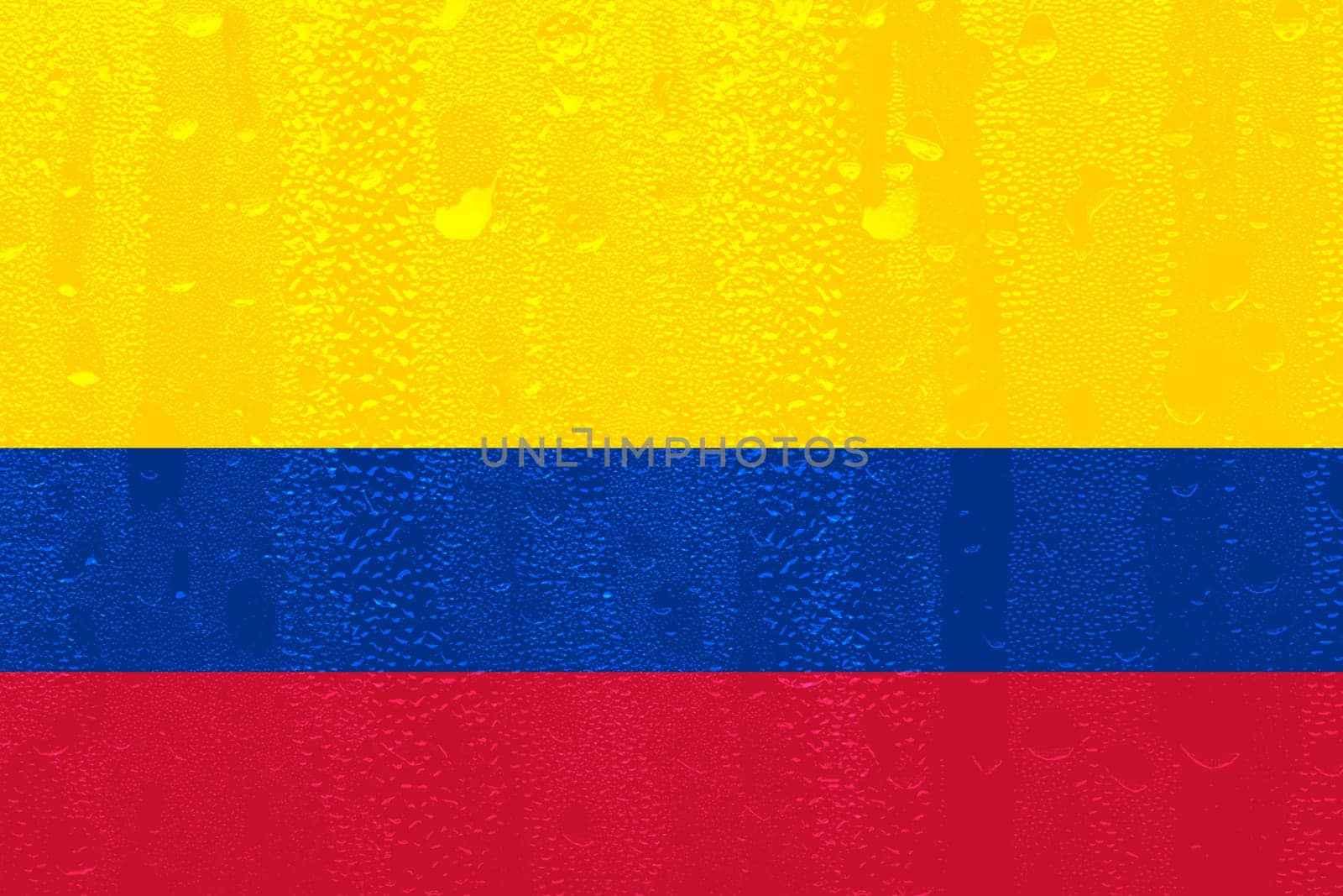 3D Flag of Colombia on a glass with water drop background.