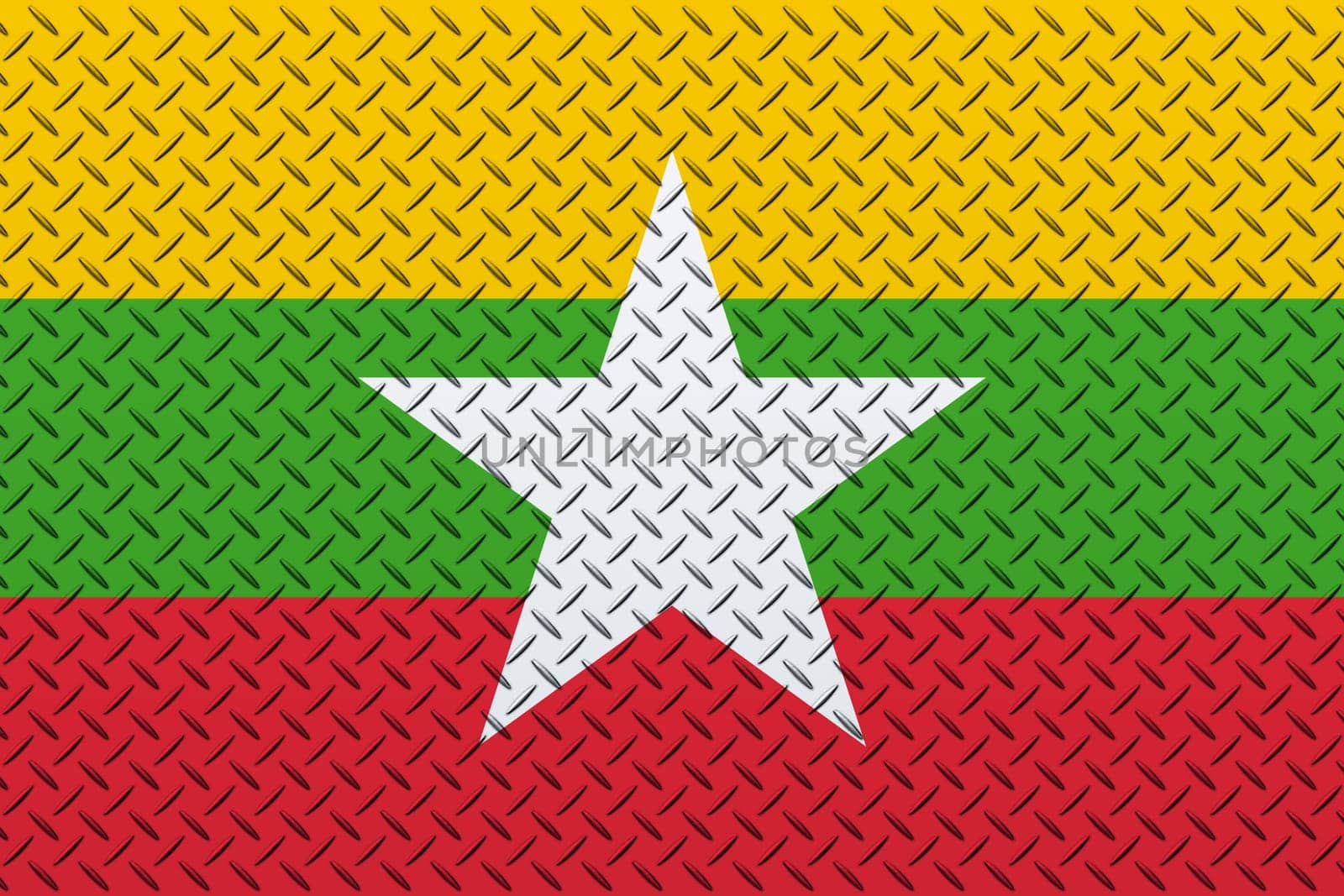 3D Flag of Myanmar on a metal wall background.