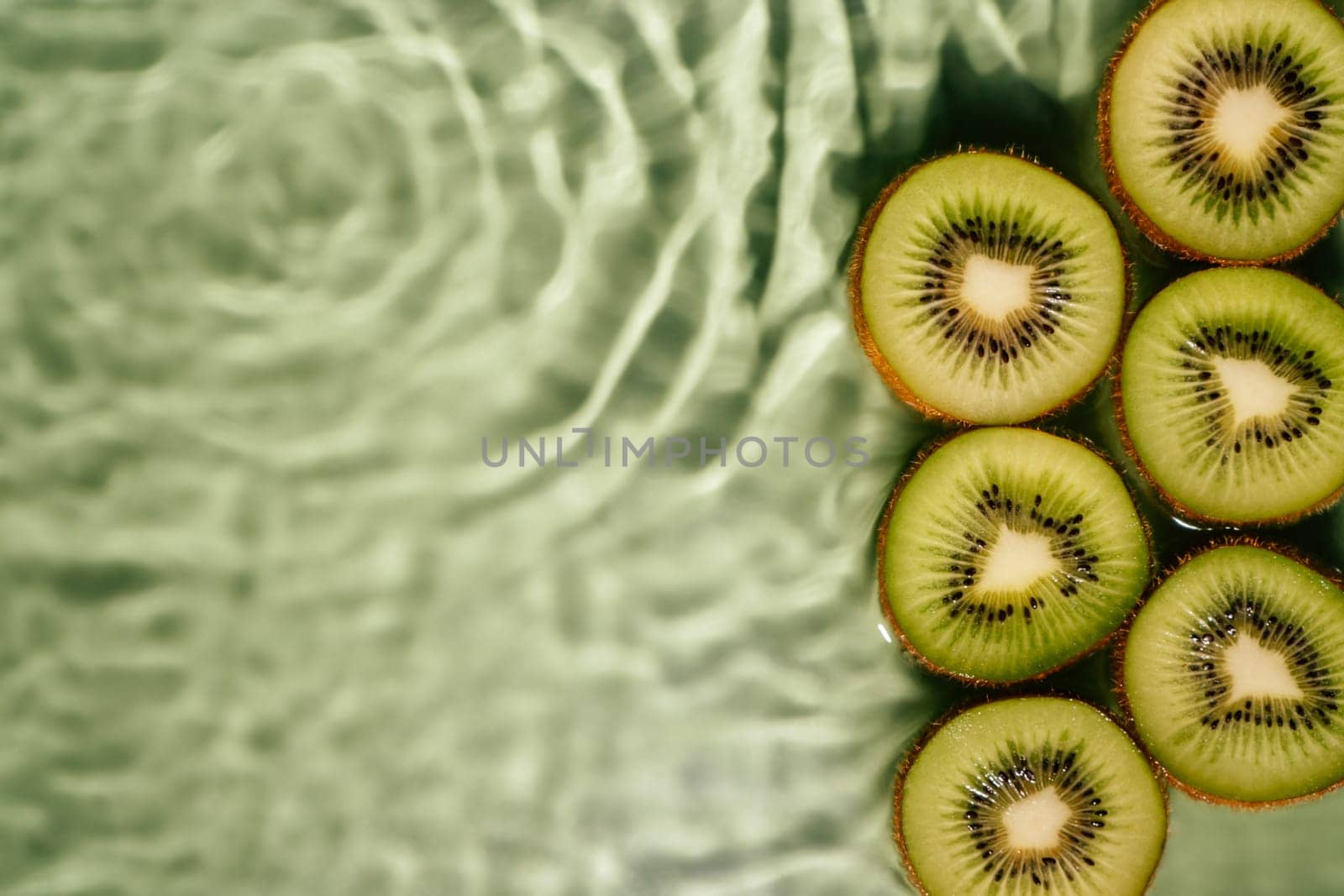 Kiwi slices lie on surface of rippled transparent fresh green exhilarant water gel with flecks, waves, shadow. Concentric expanding circles on surface from fallen drop. Health care. Copy space