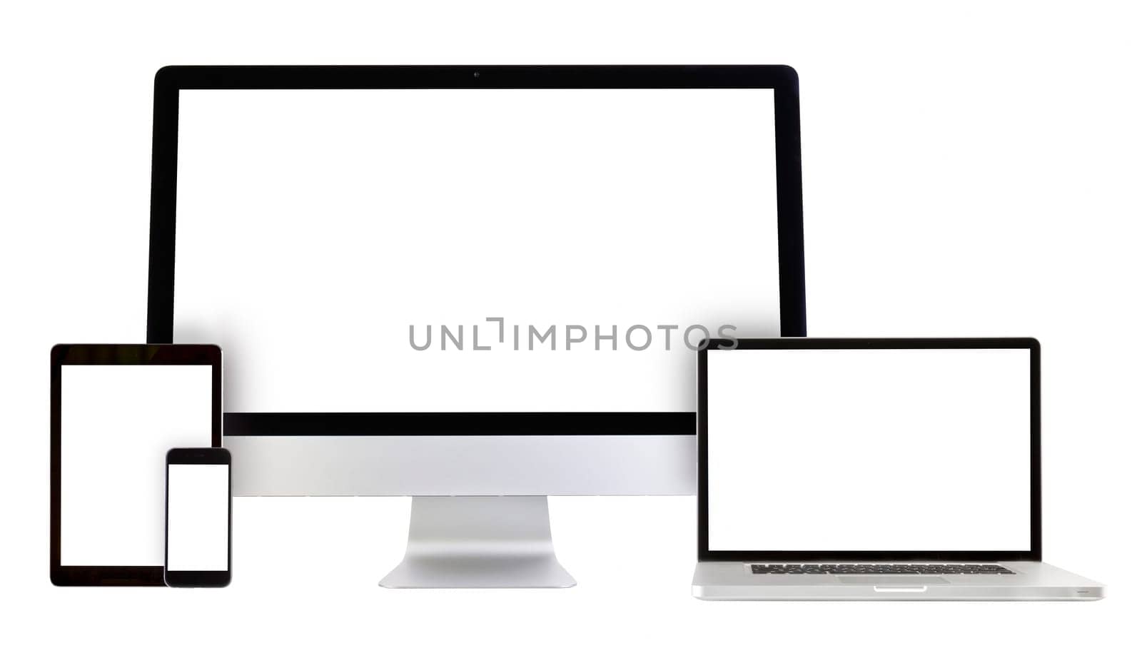 Modern monitor, computer, laptop, smartphone, tablet pc on a white background