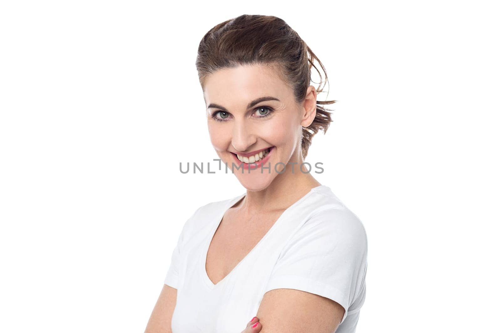 Beautiful woman posing with welcoming smile