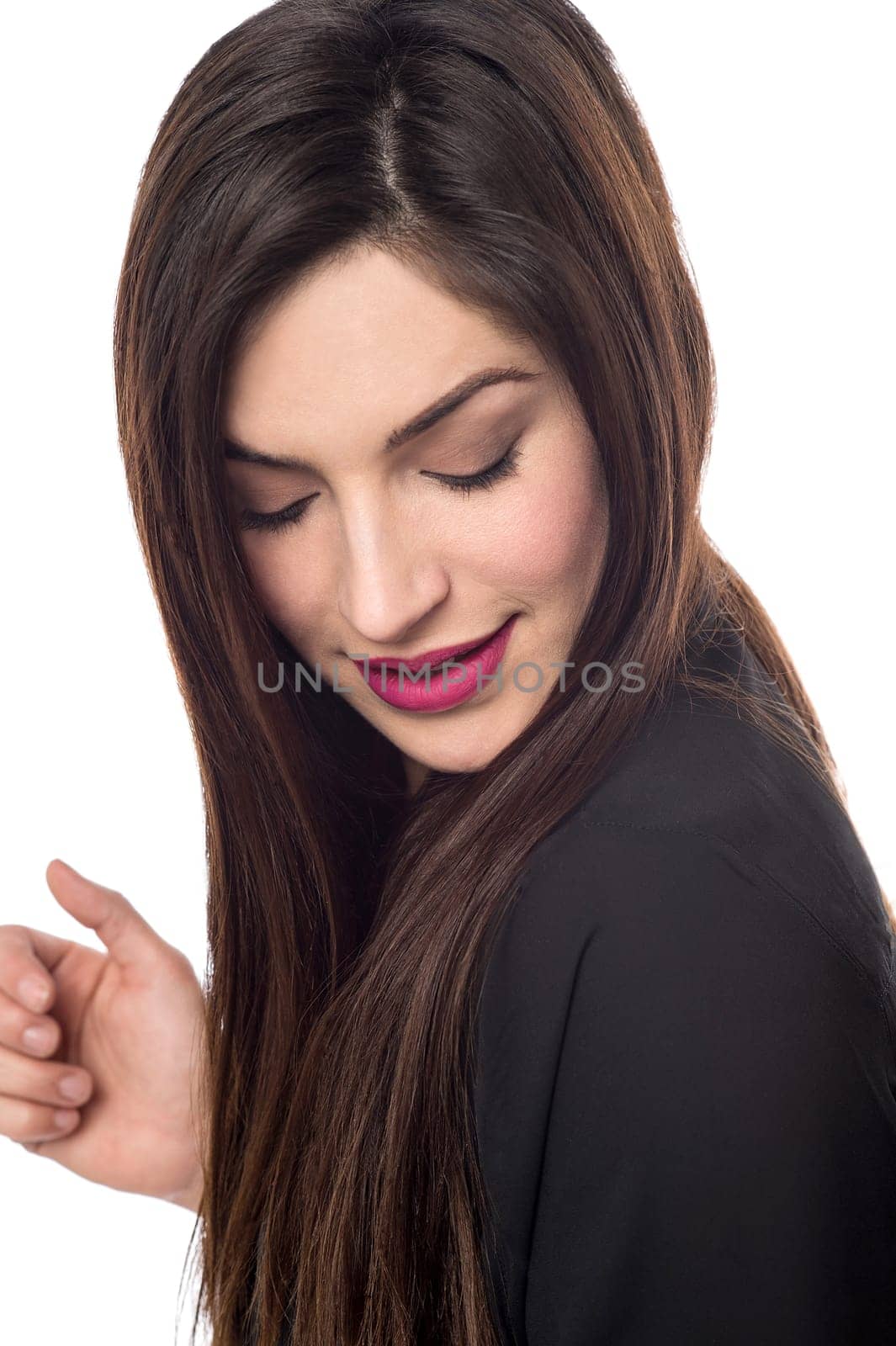 Close up of young beautiful woman looking down