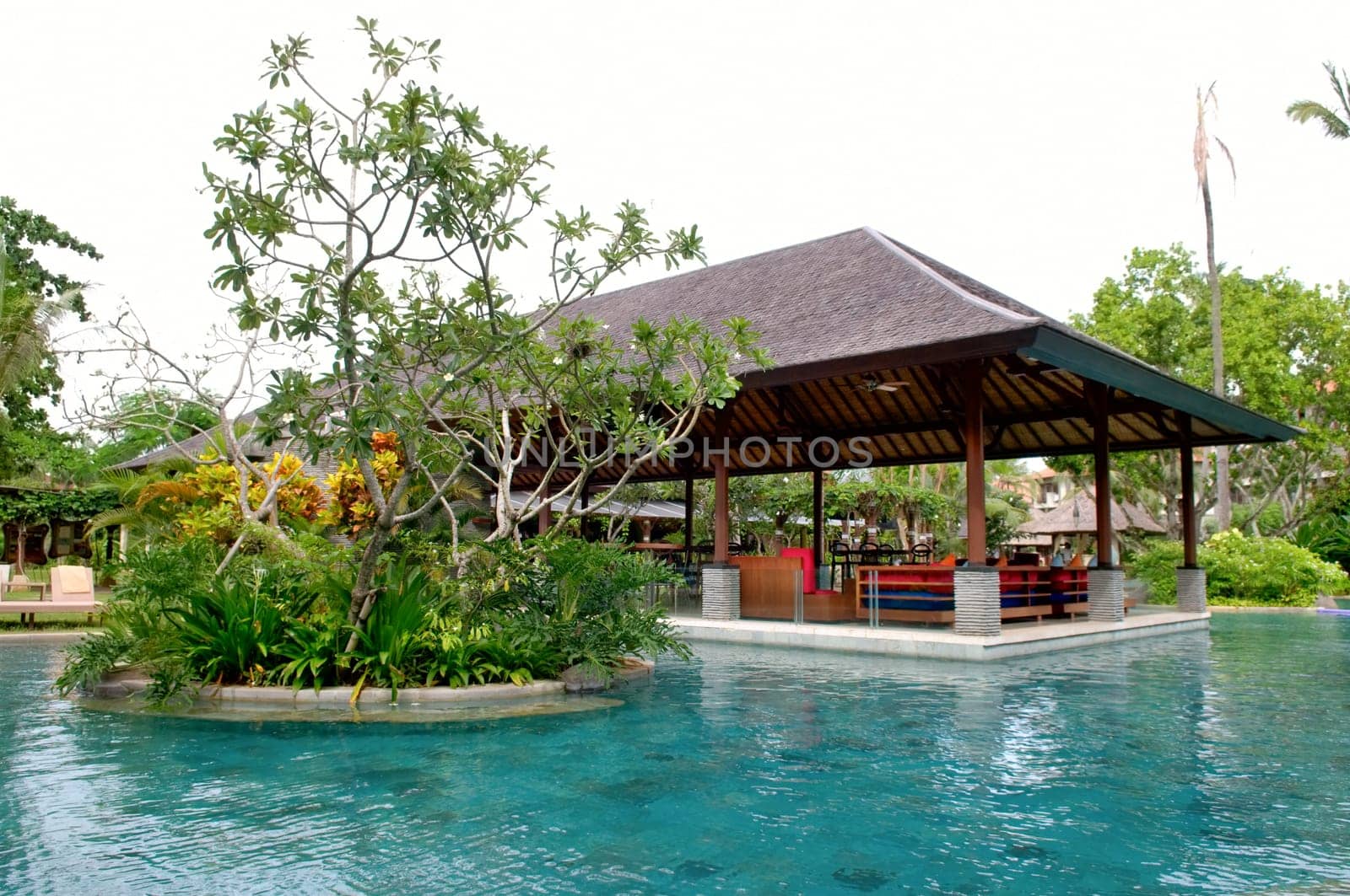 View of tropical resort swimming pool scene in morning