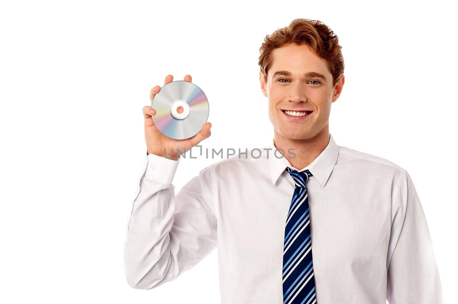 Young sales executive showing a new cd-rom