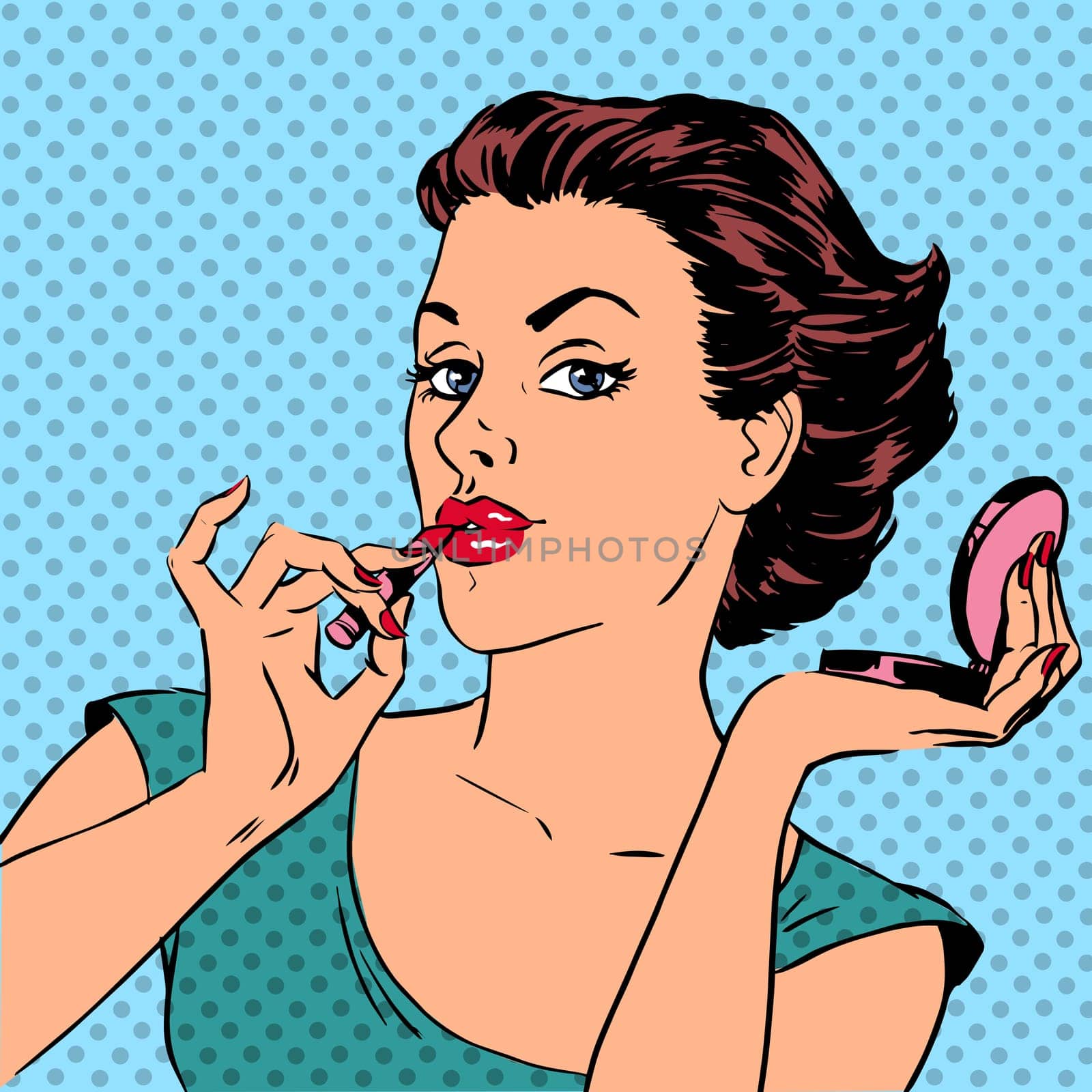 Girl paints lips with lipstick cosmetics beauty perfumes pop art retro comic vintage