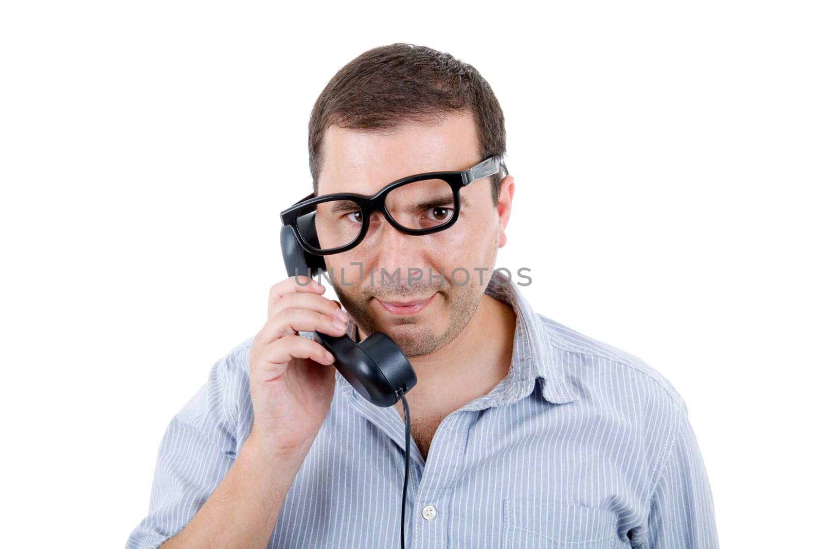 young man with a phone, isolated on white