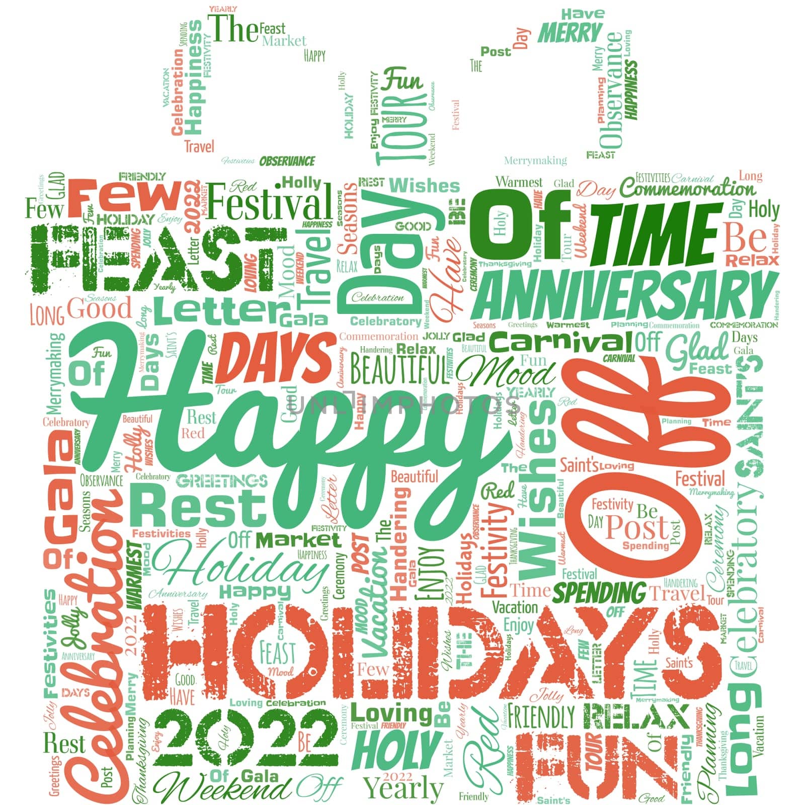 Big word cloud in the shape of present with words Happy Holidays.