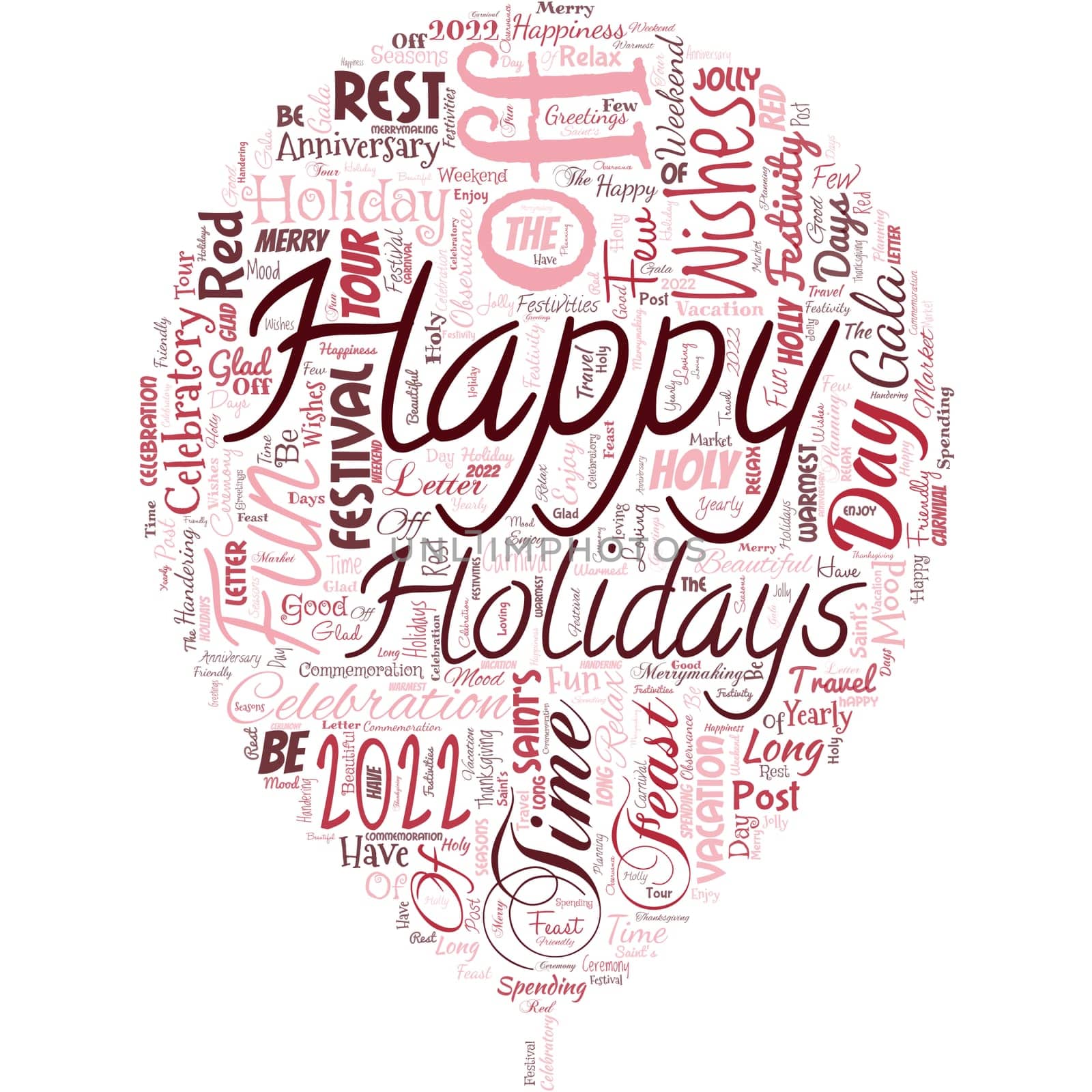 Big word cloud in the shape of balloon with words Happy Holidays.