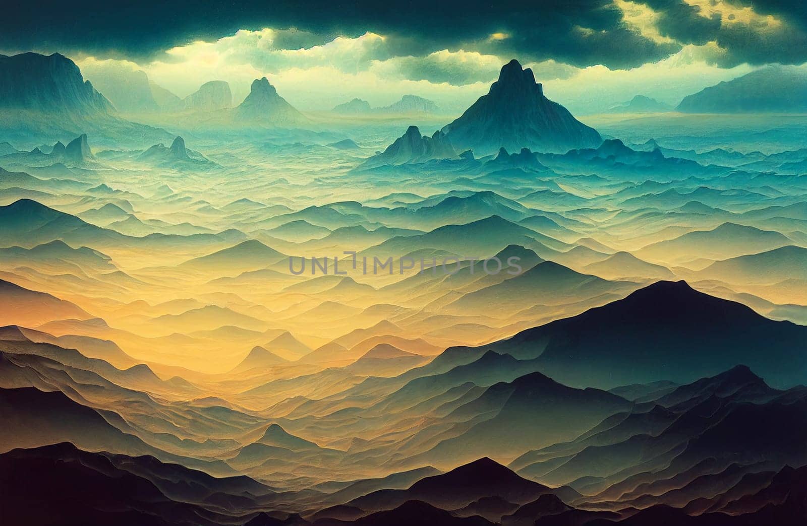 Desert mountains landscape with clouds in the dawn, travel to the rocky highland, illustration