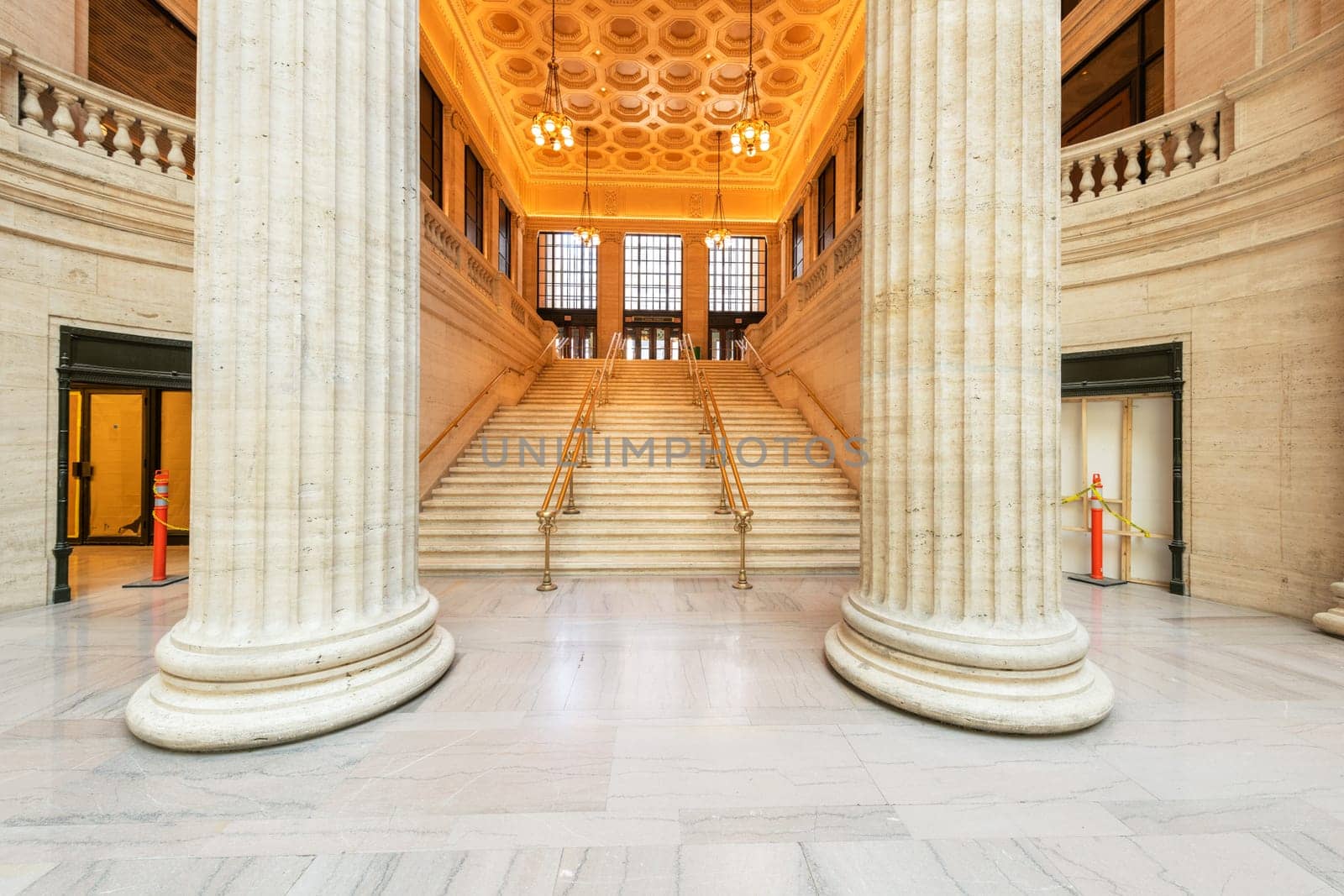 Famous entrance of train station of Chicago city with stairs and columns