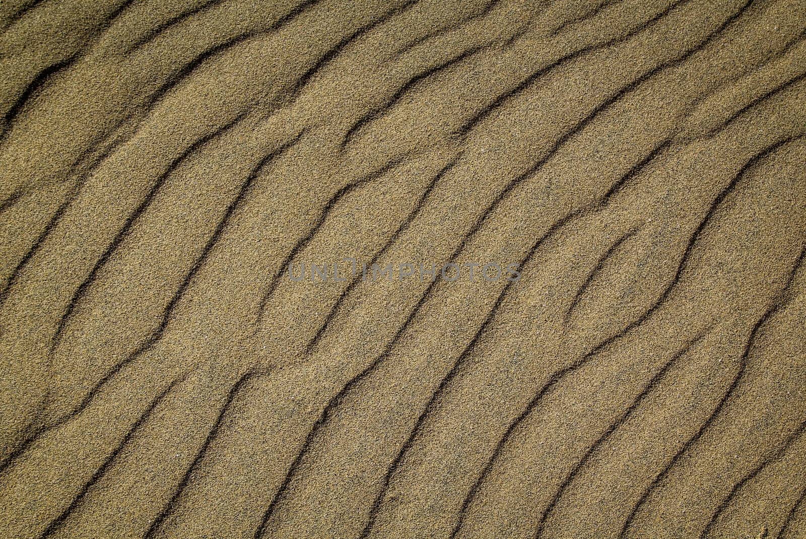 A texture of sand on the beach created by wind and waves.