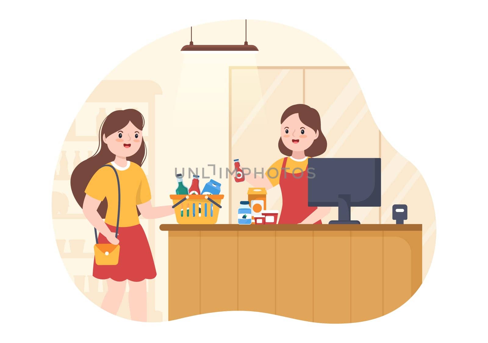 Grocery Store or Supermarket with Food Product Shelves, Racks Dairy, Fruits and Drinks for Shopping in Flat Cartoon Hand Drawn Templates Illustration