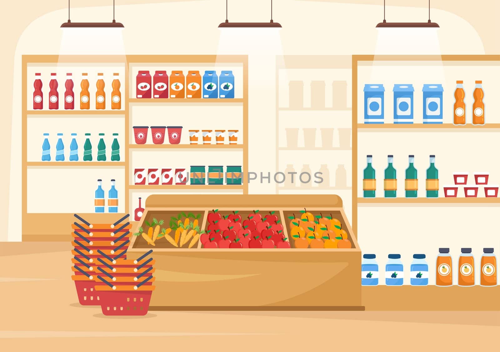 Grocery Store or Supermarket with Food Product Shelves, Racks Dairy, Fruits and Drinks for Shopping in Flat Cartoon Hand Drawn Templates Illustration