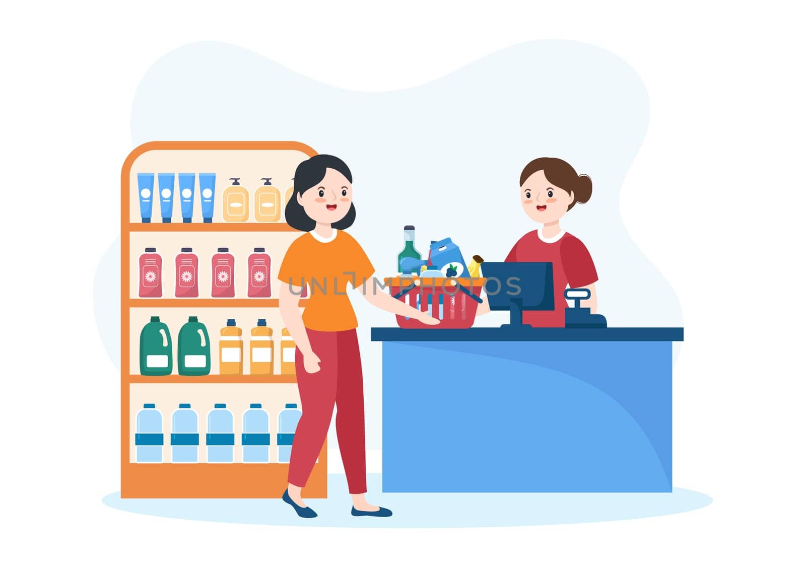 Grocery Store or Supermarket with Food Product Shelves, Racks Dairy, Fruits and Drinks for Shopping in Flat Cartoon Hand Drawn Templates Illustration