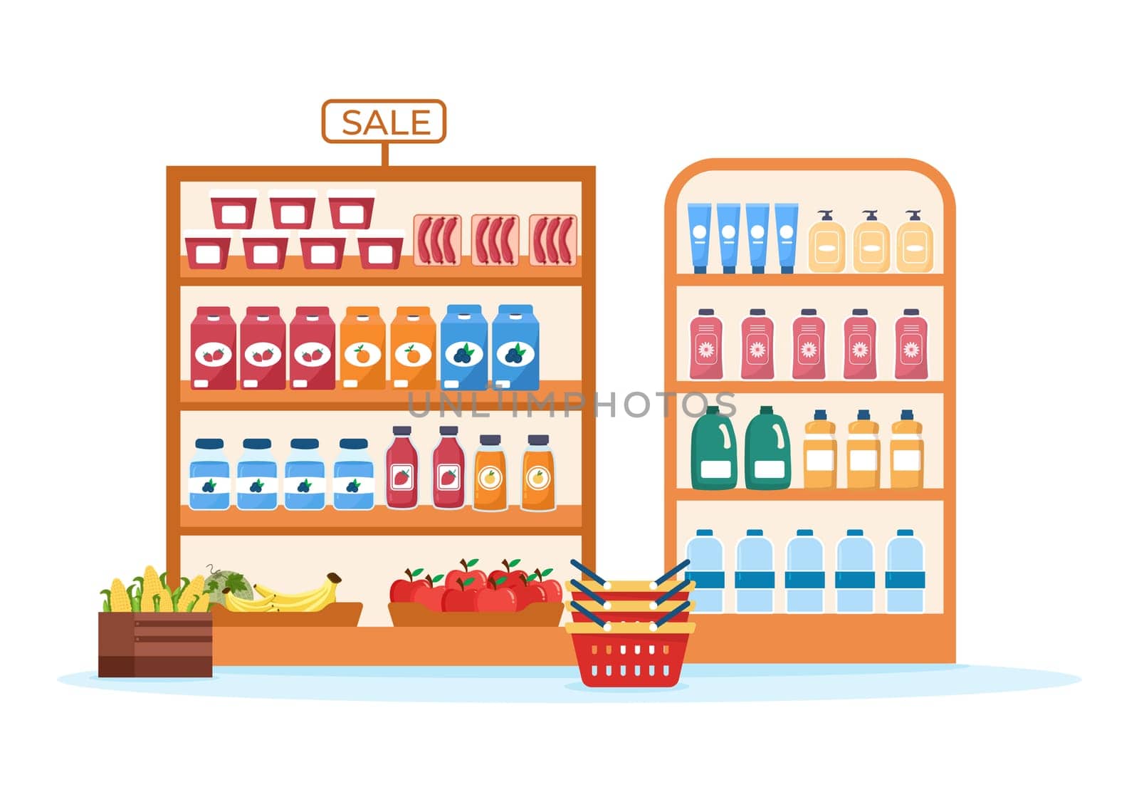 Grocery Store or Supermarket with Food Product Shelves, Racks Dairy, Fruits and Drinks for Shopping in Flat Cartoon Hand Drawn Templates Illustration