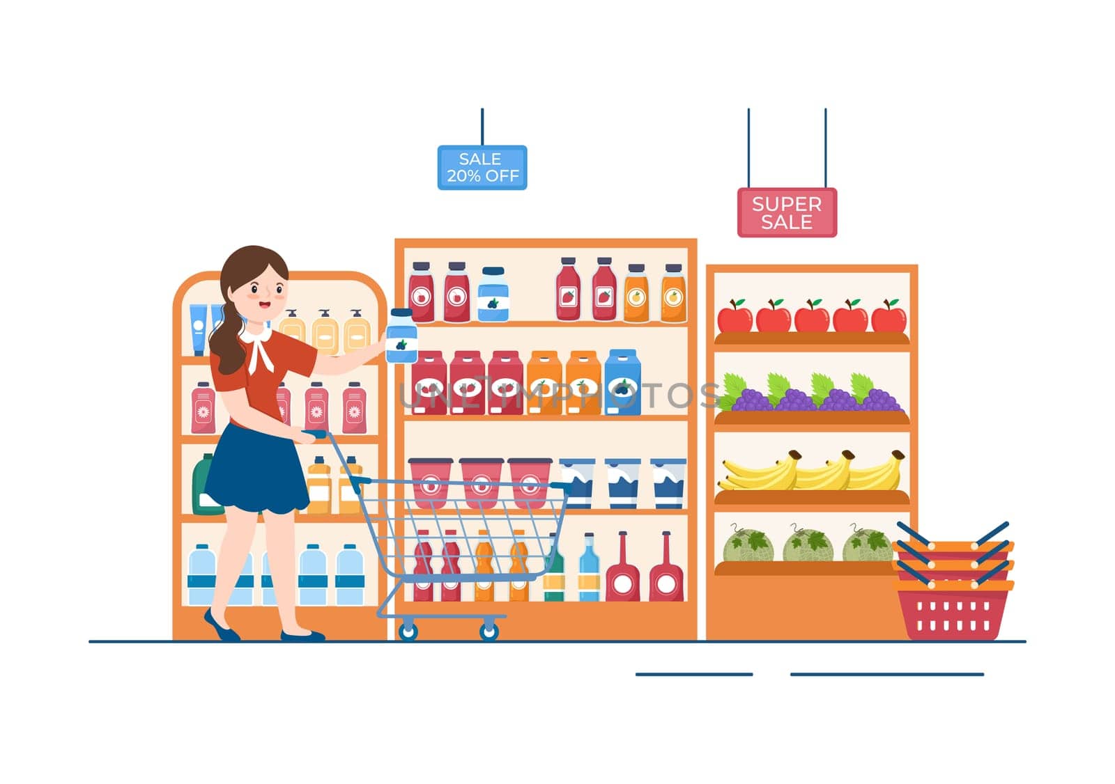 Grocery Store or Supermarket with Food Product Shelves, Racks Dairy, Fruits and Drinks for Shopping in Flat Cartoon Hand Drawn Templates Illustration