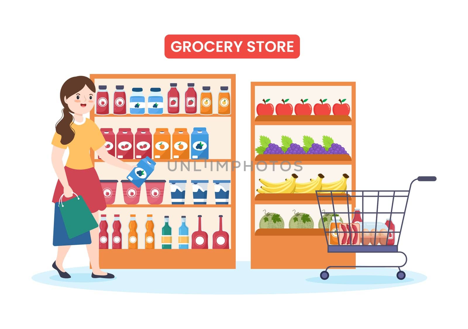 Grocery Store or Supermarket with Food Product Shelves, Racks Dairy, Fruits and Drinks for Shopping in Flat Cartoon Hand Drawn Templates Illustration