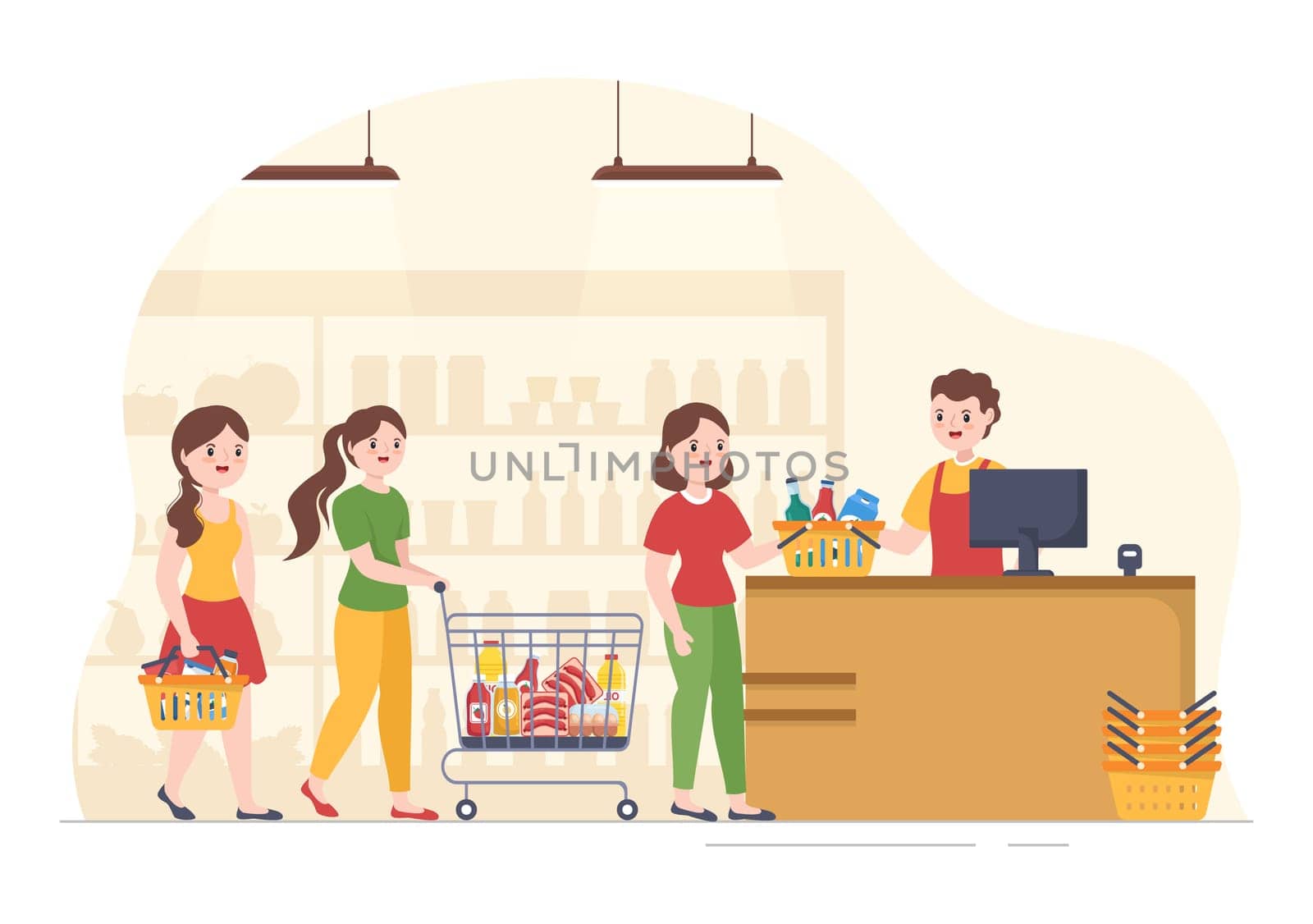 Grocery Store or Supermarket with Food Product Shelves, Racks Dairy, Fruits and Drinks for Shopping in Flat Cartoon Hand Drawn Templates Illustration