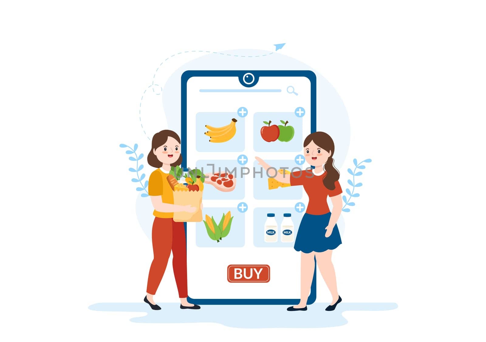 Online Grocery Store or Supermarket to Order Daily Necessities or Food via the App in Flat Cartoon Hand Drawn Templates Illustration