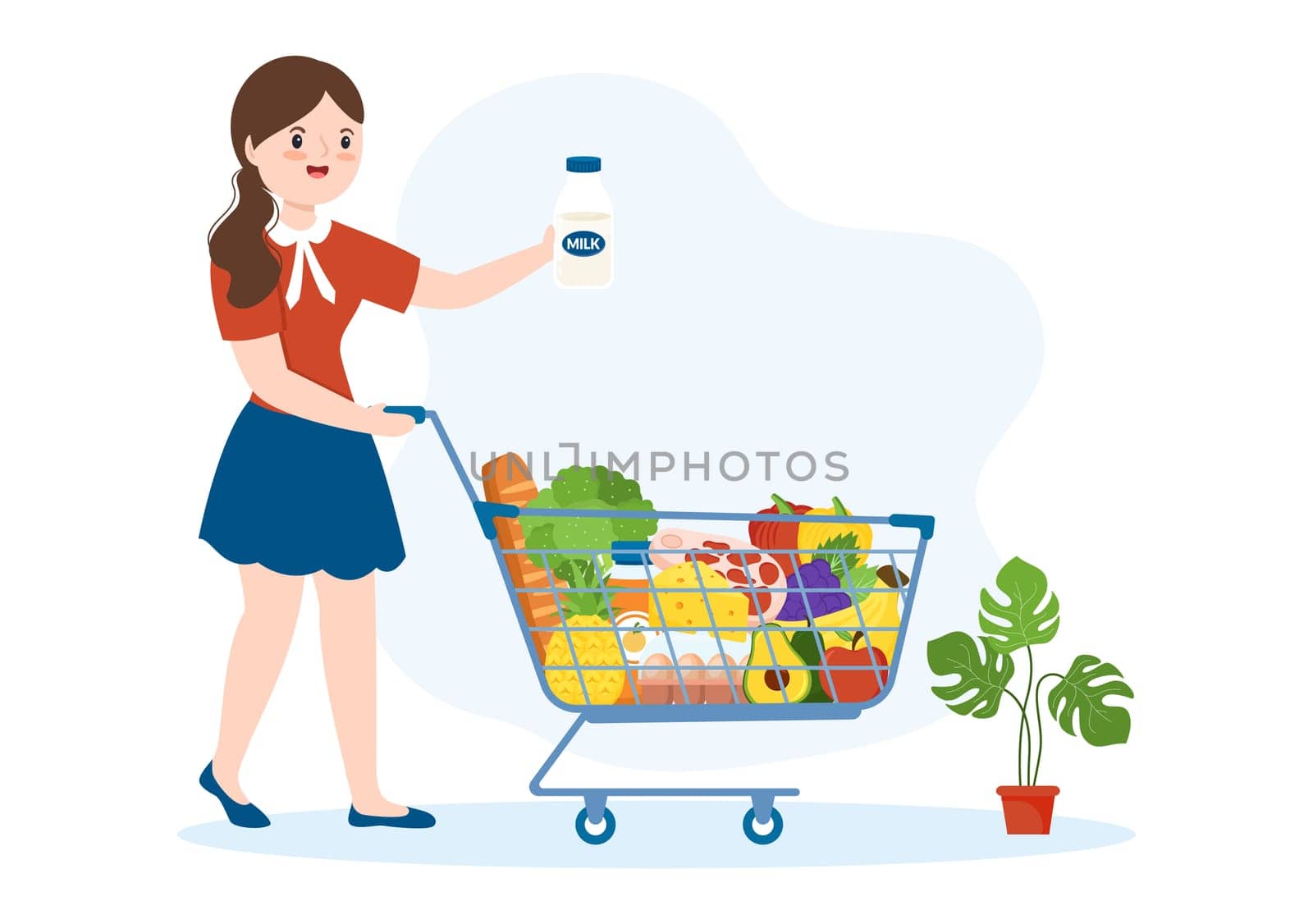 Grocery Store or Supermarket with Food Product Shelves, Racks Dairy, Fruits and Drinks for Shopping in Flat Cartoon Hand Drawn Templates Illustration