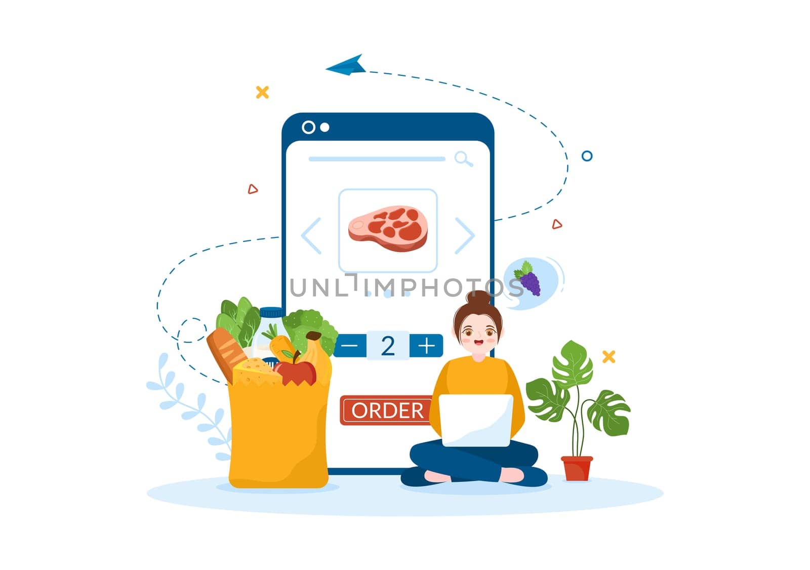 Online Grocery Store or Supermarket to Order Daily Necessities or Food via the App in Flat Cartoon Hand Drawn Templates Illustration