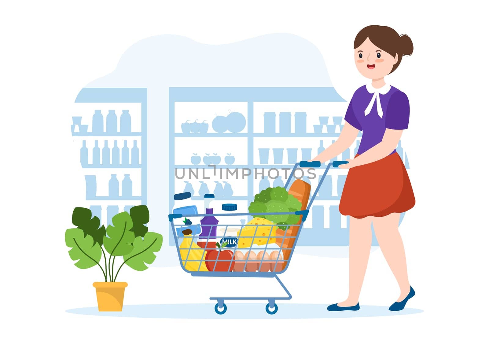 Grocery Store or Supermarket with Food Product Shelves, Racks Dairy, Fruits and Drinks for Shopping in Flat Cartoon Hand Drawn Templates Illustration